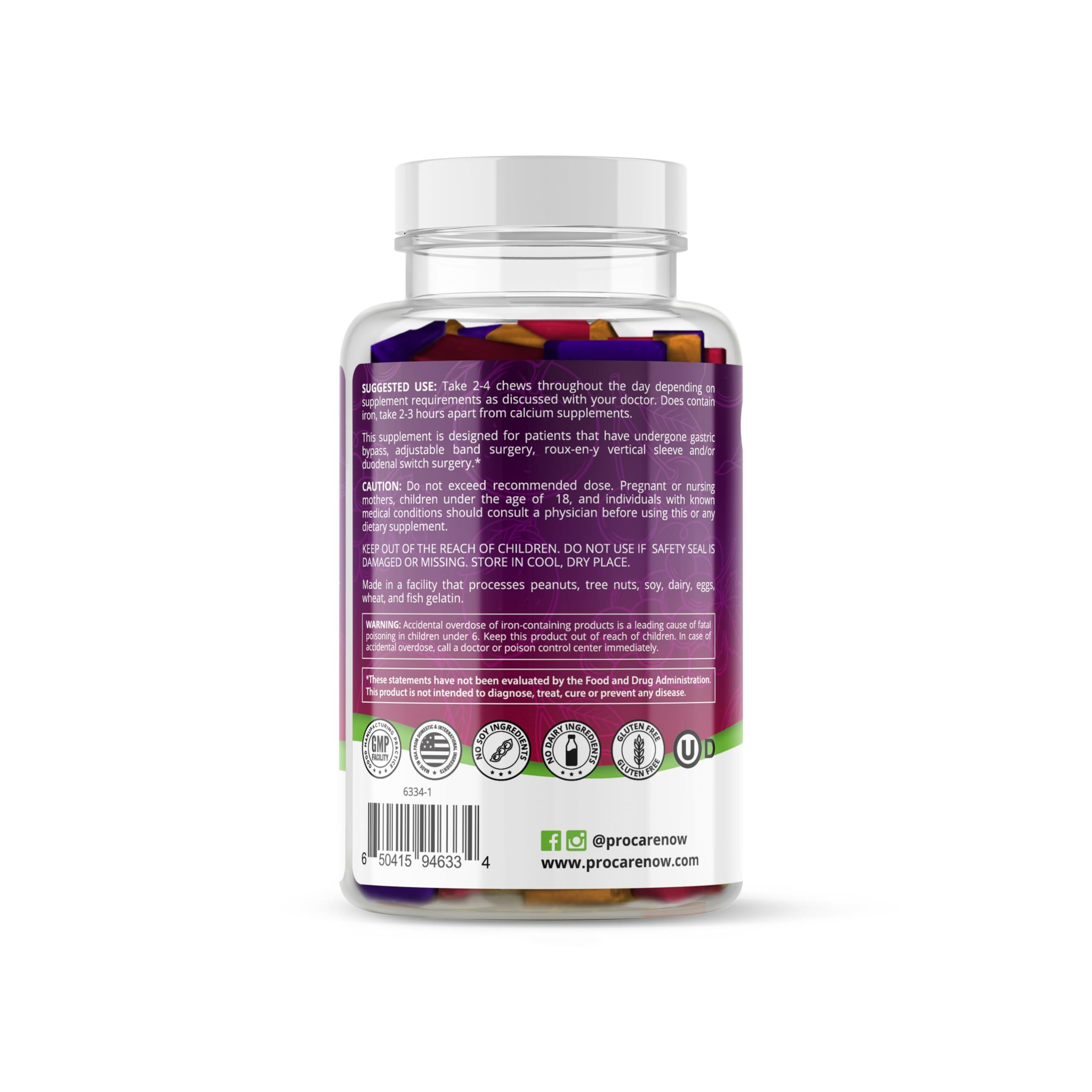 ProCare Health ProCare Health | Bariatric Multivitamin | Soft Chew | 22.5mg Iron | Individually Wrapped | Multi-Flavor | Cran-Grape, Mango-Orange, Cherry-Lime | 60 Count | 1 Month Supply