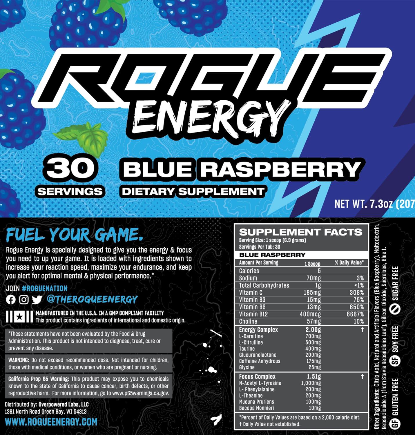Rogue Energy Rogue Energy Energy Drink Powder for Long Gaming Hours - Energy Powder for Mental Focus - Sugar & Gluten Free - Gaming Supplement with Caffeine & Vitamins - Made in USA (Blue Raspberry - 40 Servings)