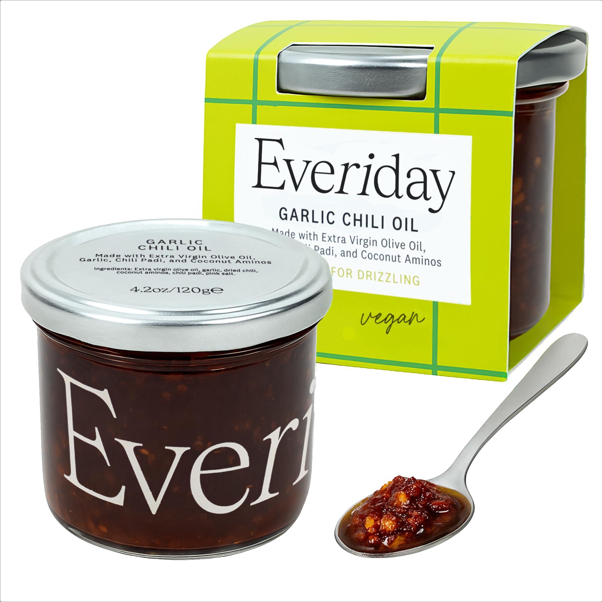 Everiday Foods EVERIDAY Garlic Chili Oil | Spicy Hot Sauce Alternative Made with Extra Virgin Olive Oil | All-Natural, Gluten-Free, Vegan, Keto, Whole30 Approved | Great for Dipping & Drizzling | 4.2 oz
