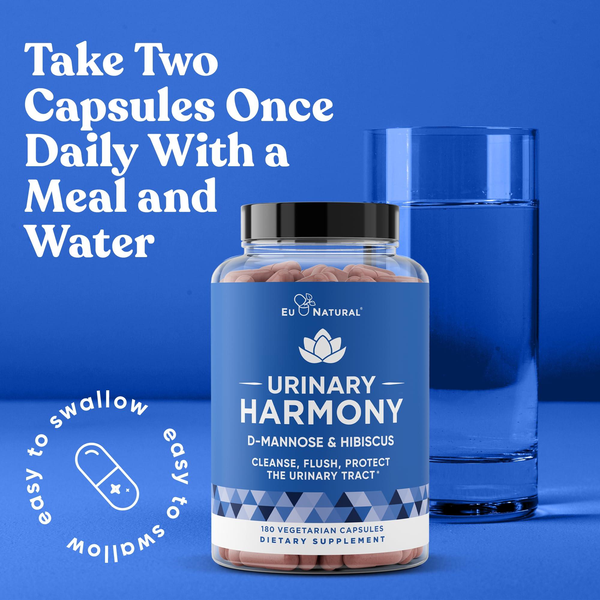 Eu Natural Urinary Harmony D-Mannose Supplement  Urinary Tract Health for Women  Potent Clinical Strength Formula Cleanses and Flushes the Urinary System  180 Fast Acting Capsules (Improved Comfort in 7 Days)
