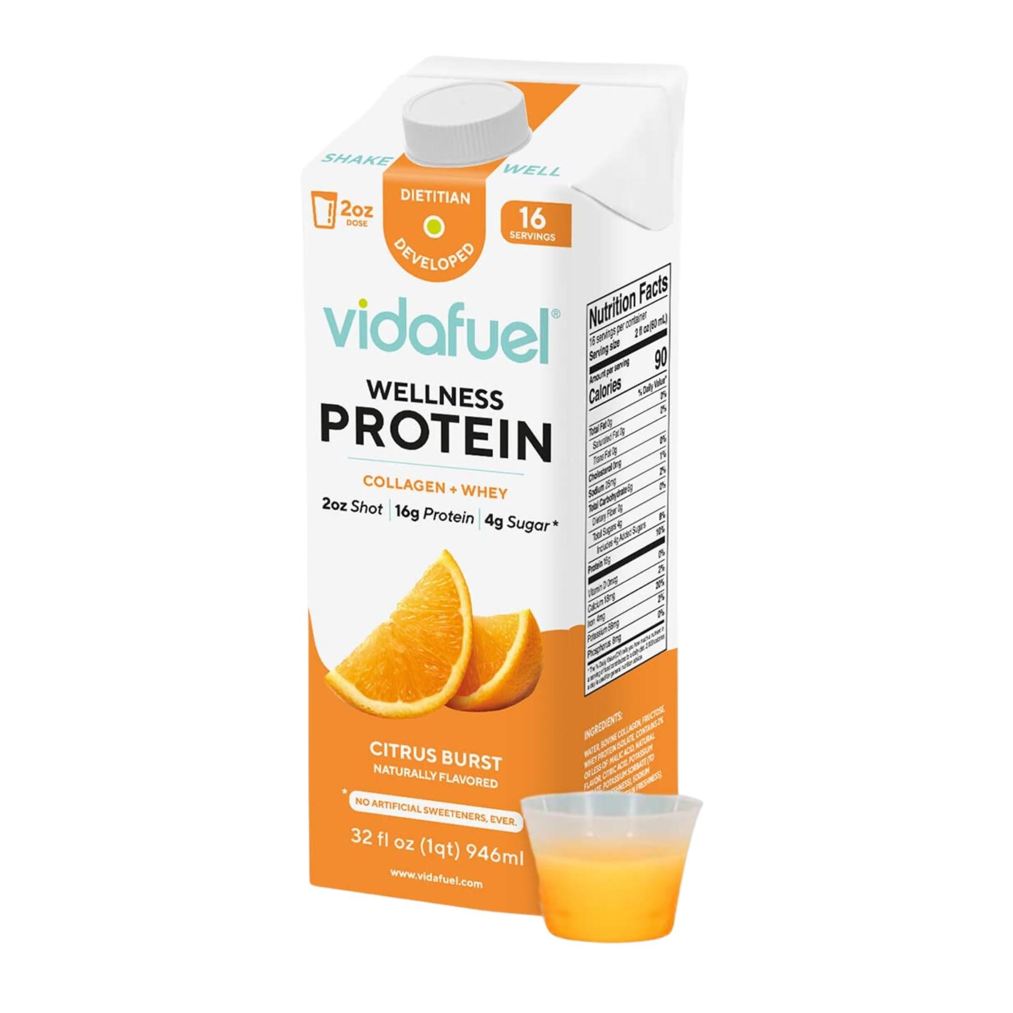 VIDAFUEL Vidafuel Protein Drink, 16g Protein Per 2oz Shot, 32 fl oz Carton, Citrus, Collagen and Whey Drink, No Artificial Sweeteners