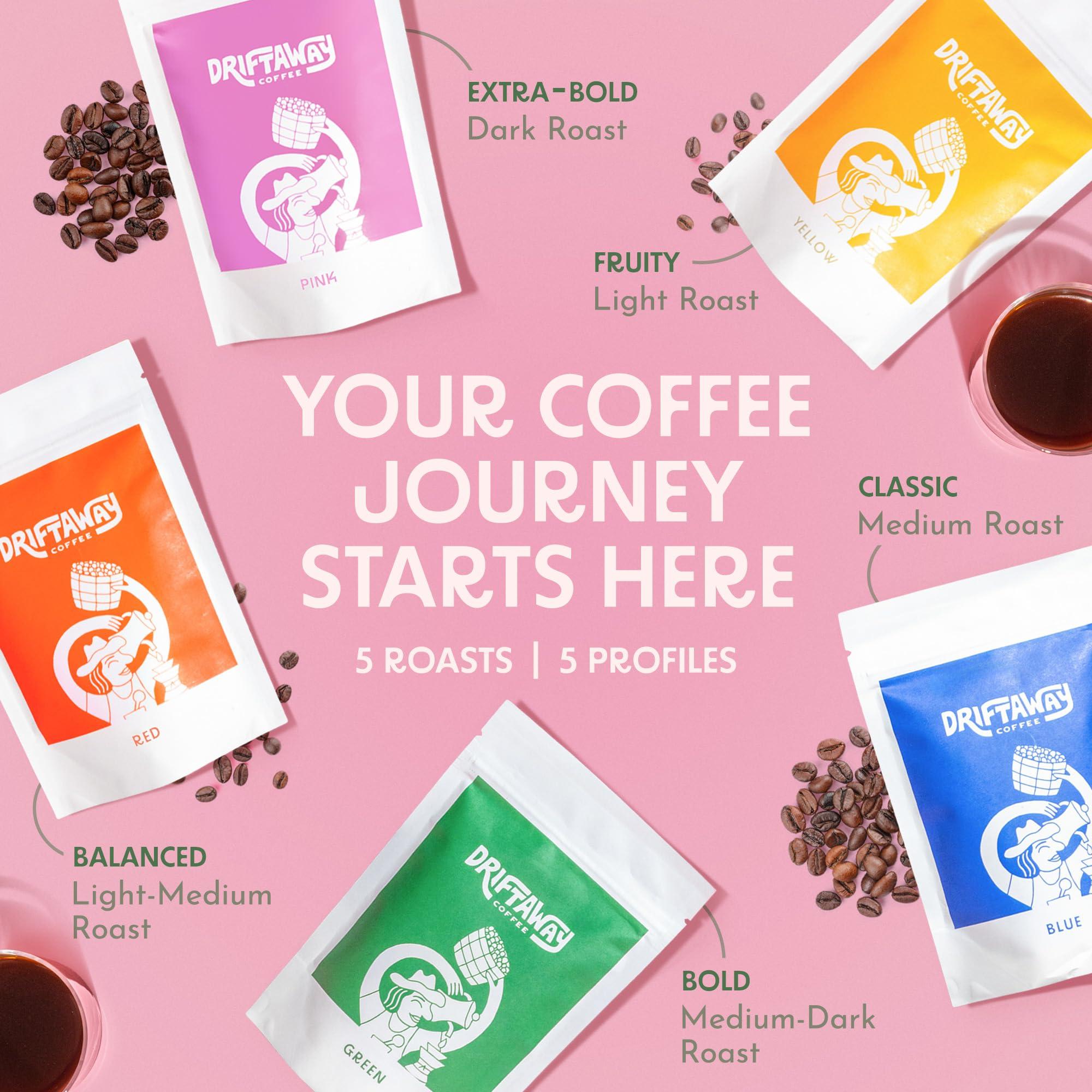 Driftaway Coffee Driftaway Coffee Explorer Box, 5 Pack Coffee Tasting Kit - Single-Origin Beans from Around the World - 5 Fresh Roasts - Sustainable Sourcing, Small-Scale Farmers - Gourmet Coffee Variety Gift Set (Whole Bean, 2 Ounce (Pack of 5))