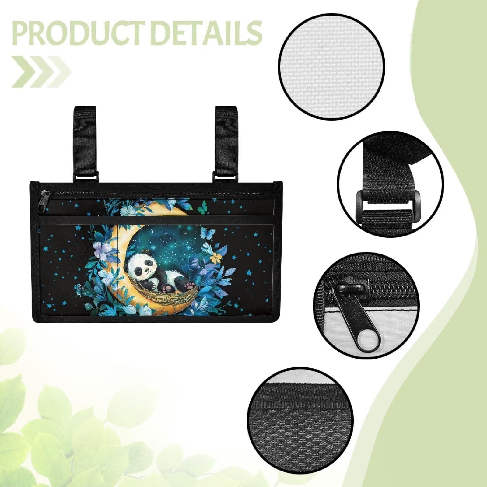 Gomyblomy Gomyblomy Panda Moon Print Wheelchair Side Bag, Large Capacity Hanging Organizer Storage Bag Pocket for Walker Rollator Electric Wheelchairs, Armrest Pouch with Cup Holder