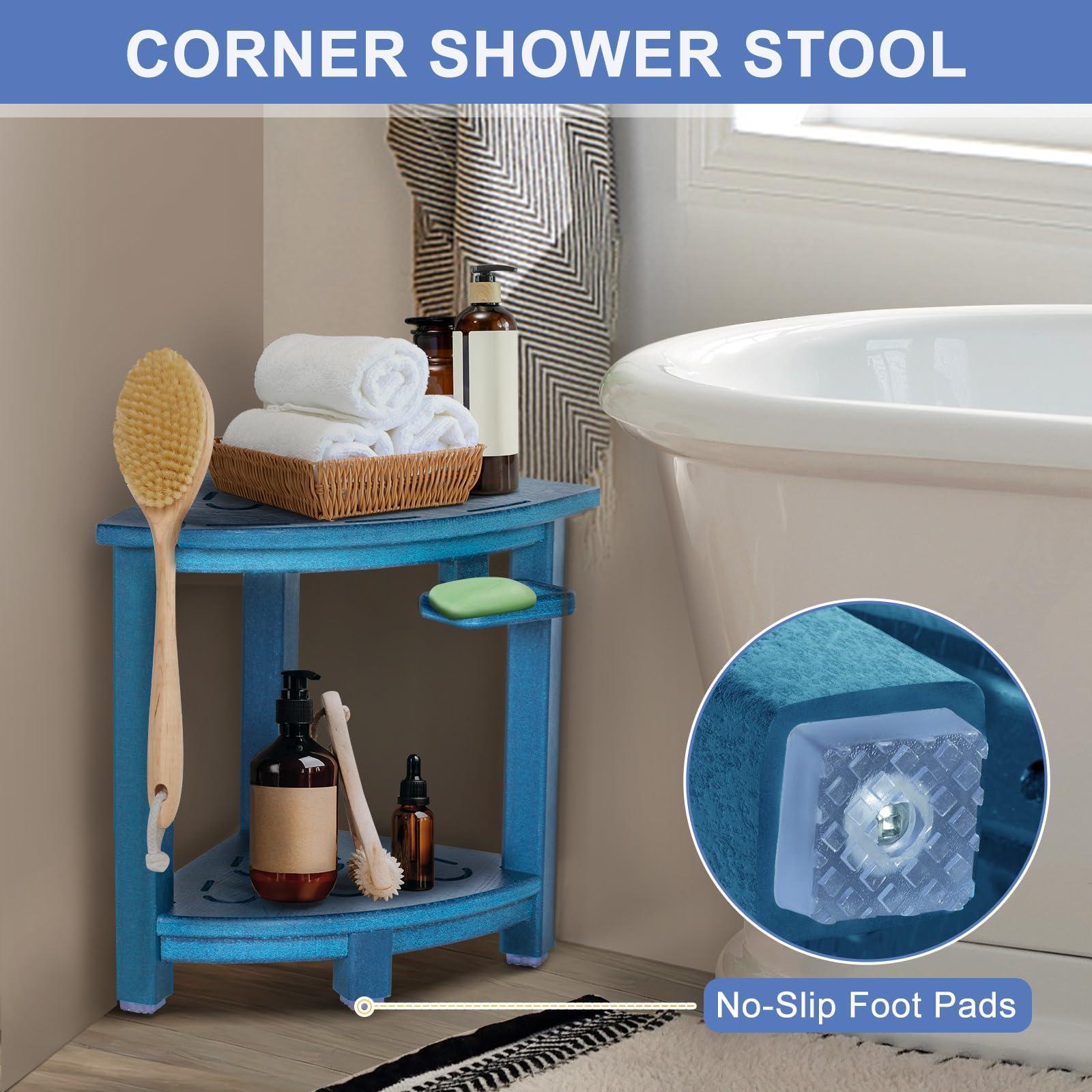 nalone nalone Corner Shower Stool, HDPE Shower Bench for Inside Shower, Small Shower Chair Seat for Shaving Legs with Storage Shelf, Soap Box and No-Slip Feet (Navy Blue)