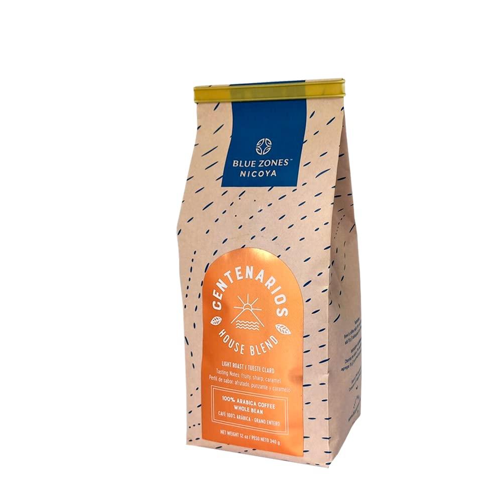 BLUE ZONES Blue Zones Nicoya - Centenarios Whole Bean Coffee - 100% Arabica Light Roast, House Blend - Fruity Caramel Flavor - All Natural, Gluten & Sugar-Free (12oz/ 340g)