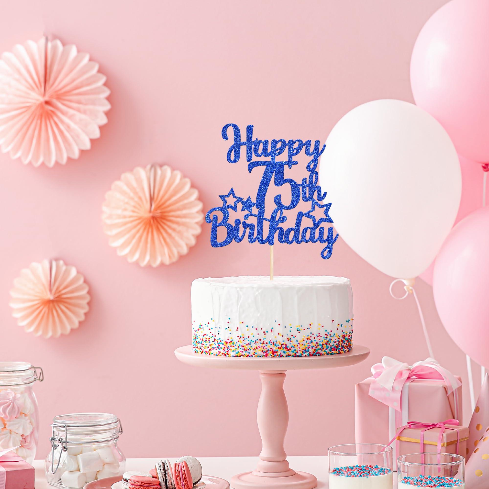 YCTHUNFISH 1 Pack Happy 75th Birthday Cake Topper Glitter Little Star 75 Fabulous Cake Pick Birthday Sign Cake Decorations for 75th Birthday Theme Party Supplies Dark Blue