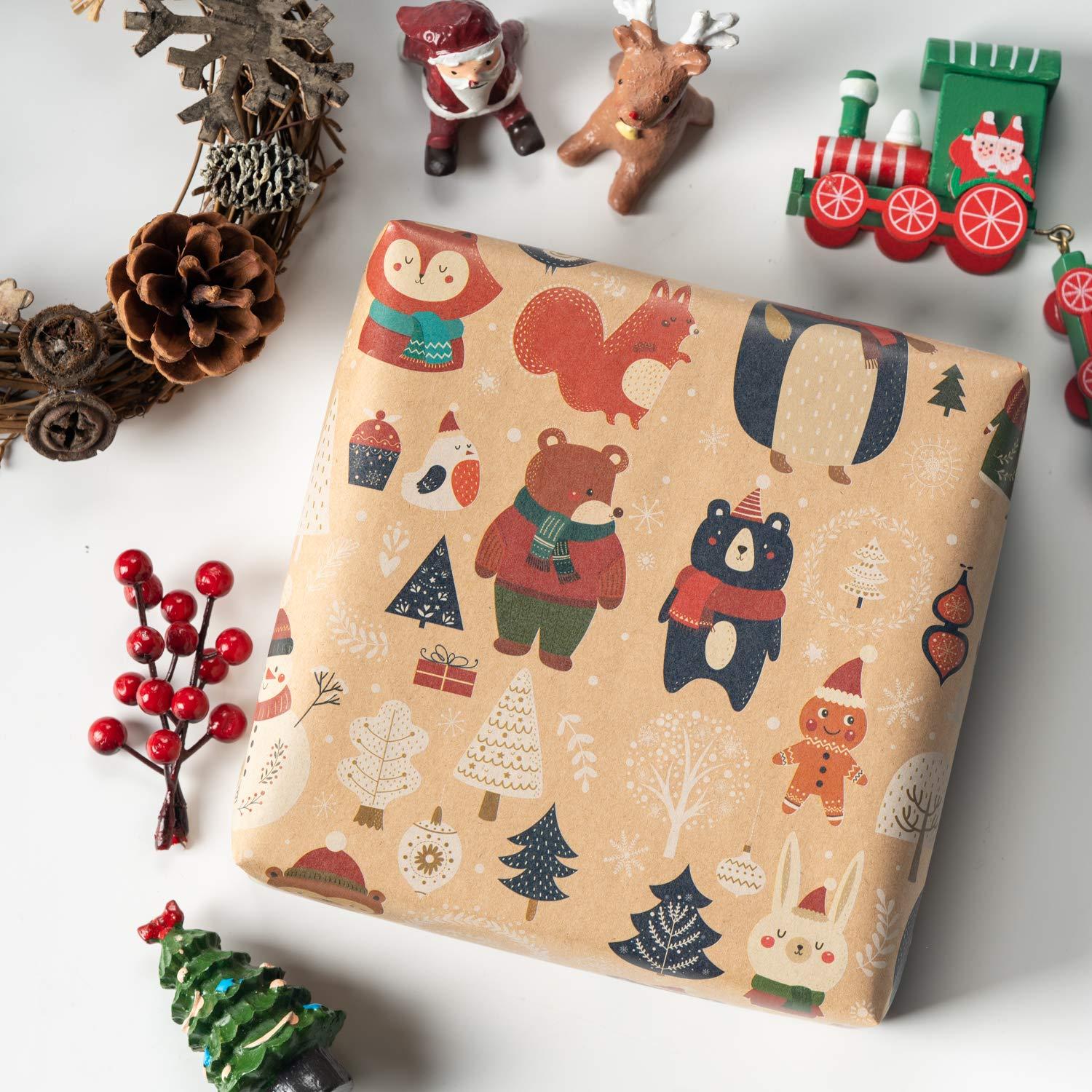 RUSPEPA RUSPEPA Christmas Kraft Wrapping Paper Santa Claus Xmas Theme Elements Great for Christmas, Birthdays, Holiday, Baby Shower - 6 Sheets Packed as 1 roll - 17.5 x 30 inches per Sheet