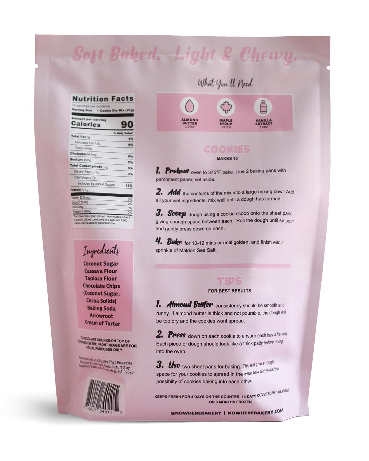 Nowhere Bakery NOWHERE BAKERY Vegan Gluten Free Paleo Chocolate Chip Cookie Baking Mix (Makes 15 cookies) - Allergen Friendly, Nut Free No Refined Sugar 11 OZ Bag