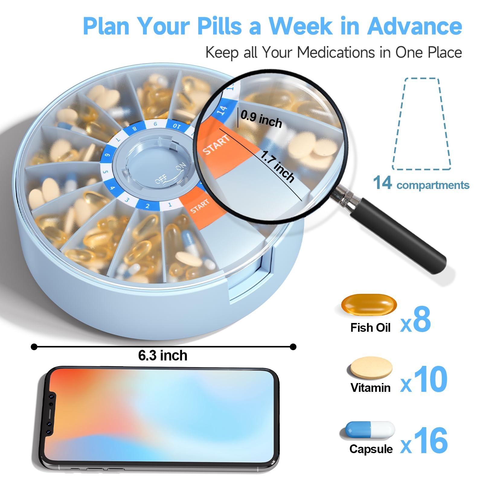 Daviky Daviky Pill Dispenser Daily, Large Pill Organizer with Wall-Mounted or Standing Use, 14 Days Pill Container, Push Button Design, Weekly Pill Box for Vitamin, Medicine,Supplement, Fish Oil(Blue)