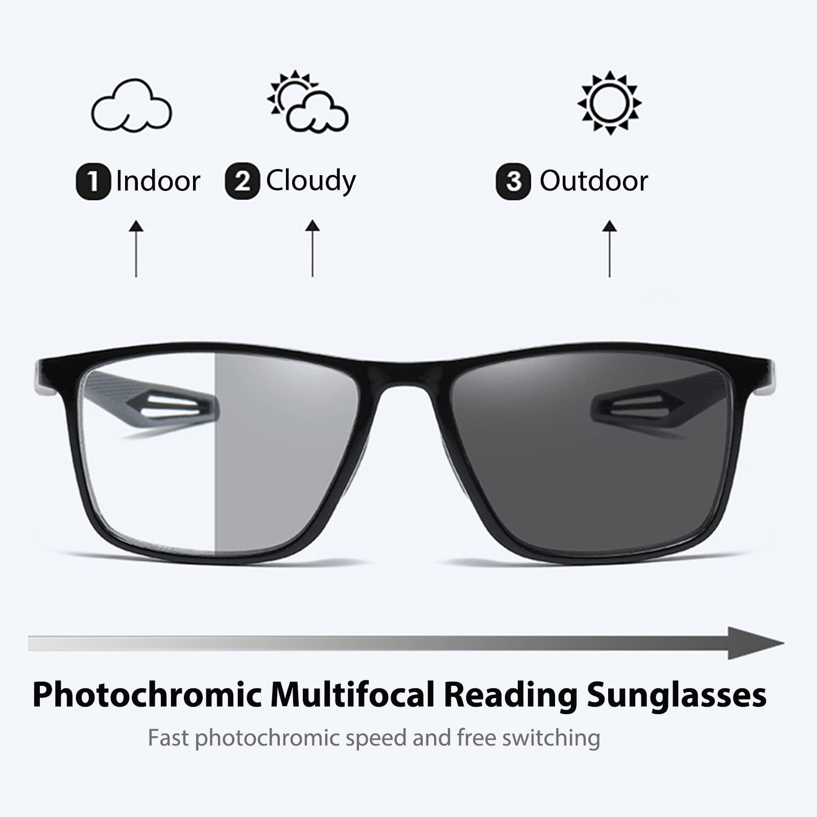K.LAVER Photochromic Progressive Multifocus Reading Glasses unisex Lightweight Blue Light Blocking Multifocal Reader Flexible TR90 UV400 Protection Transition Sunglasses With Spring Hinges No Line Eyewear 3.0