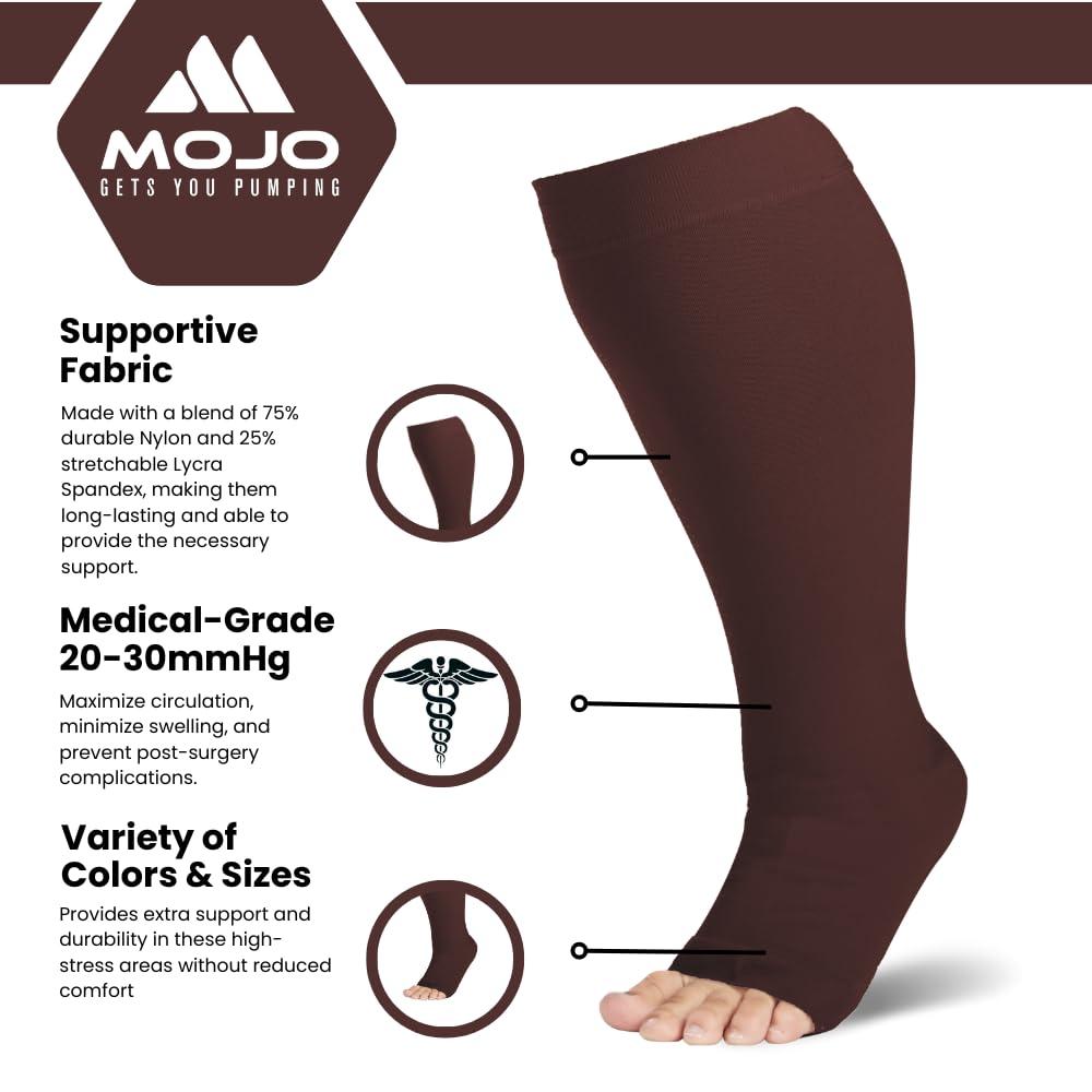 Mojo Compression Socks Compression Socks for Women and Men 20-30 mmHg Wide Calf - Big and Tall Open Toe Compression Stockings for Nursing, Airplane, Varicose Veins Circulation - Brown, 5X-Large - AB211