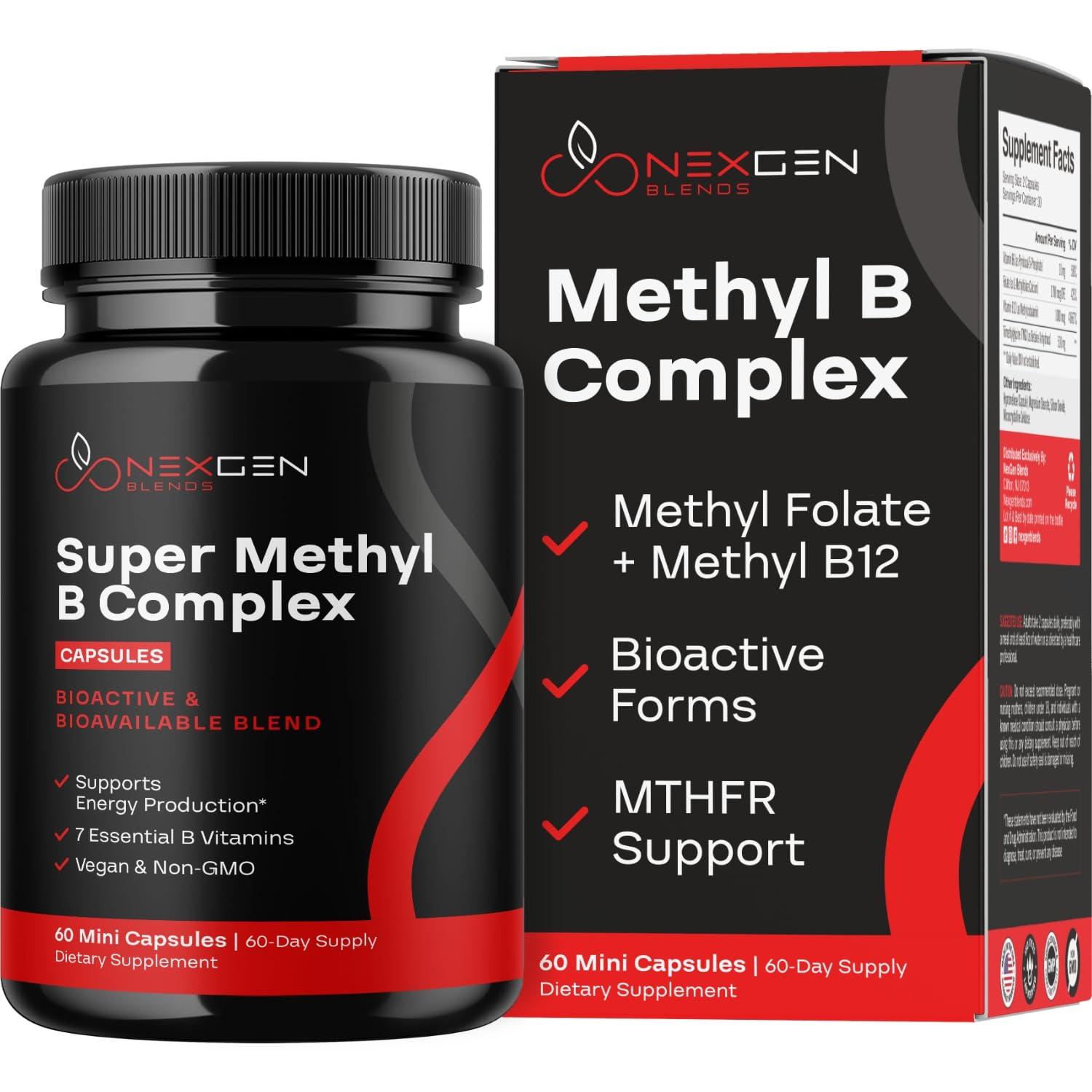 NEXGEN BLENDS Methylated B Complex Vitamin Supplement - Bioactive Methyl B Complex with 5-MTHF Methyl Folate & B12 Methylcobalamin for Brain Heart Energy & Homocysteine Support - Super Vitamin B Complex - 60 Caps