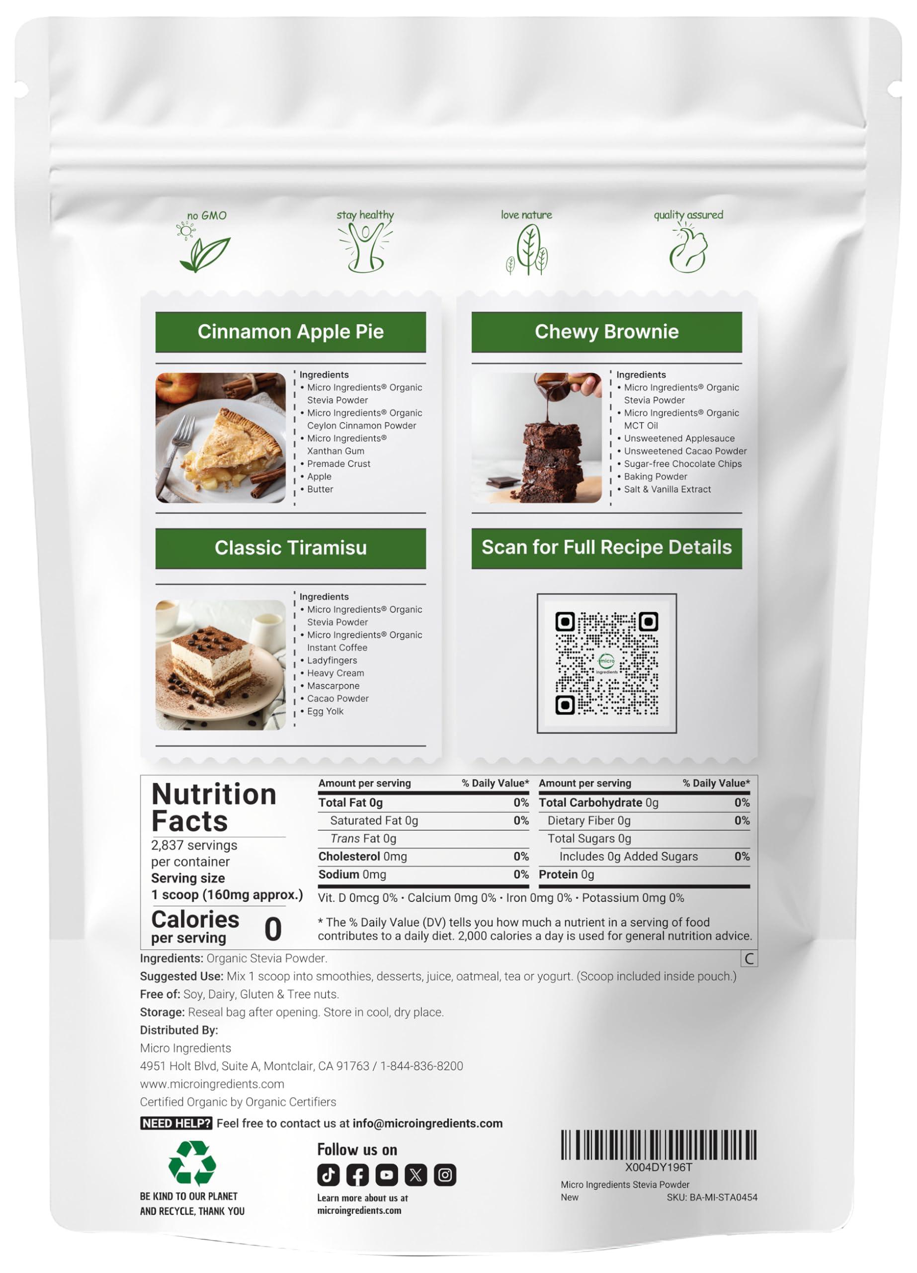 Micro Ingredients Pure Organic Stevia Powder, 1 Pound (2,837 Servings), Highest Grade Stevia Green Leaf Extract Reb-A | Reduced Bitter Aftertaste | 0 Calorie, Natural Sweetener, Sugar Alternative, Keto Friendly