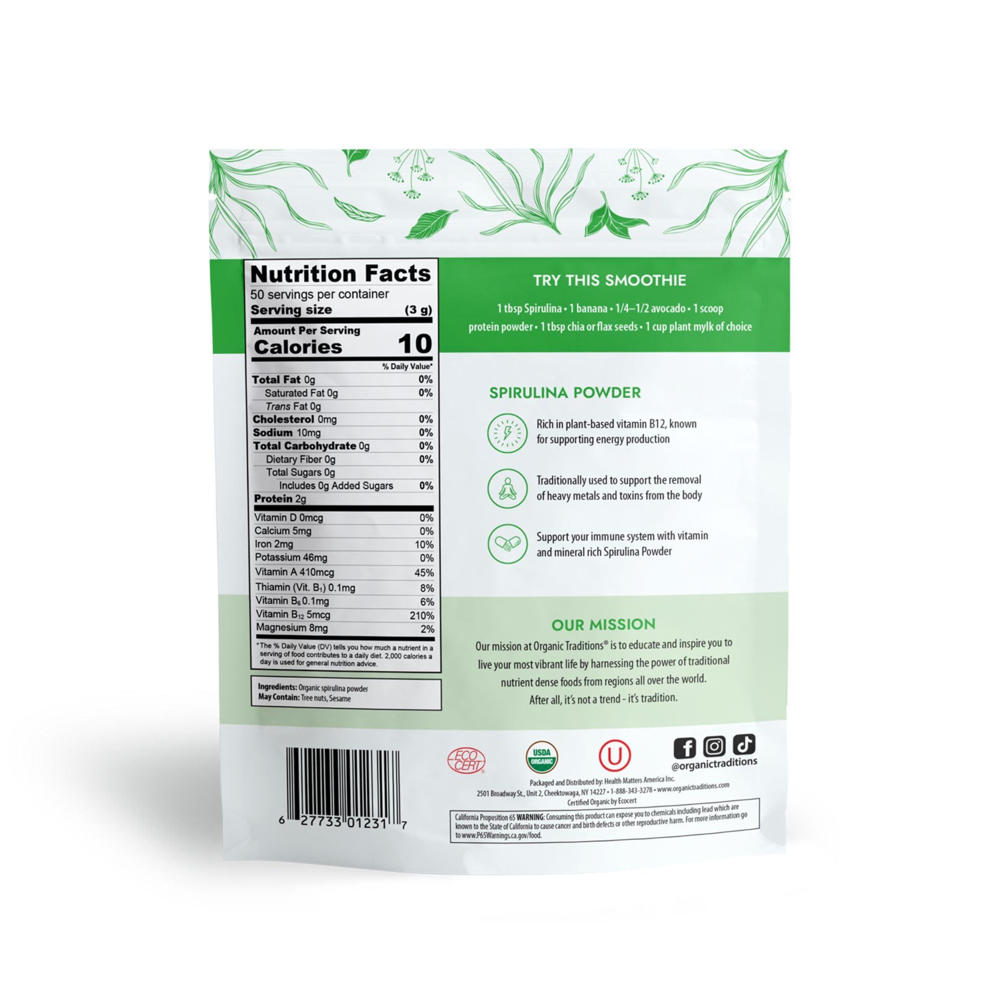 Organic Traditions Organic Traditions Organic Spirulina Powder Vegan Non-GMO Superfood, 5.3oz (150g) Bag, 50 Servings per Bag