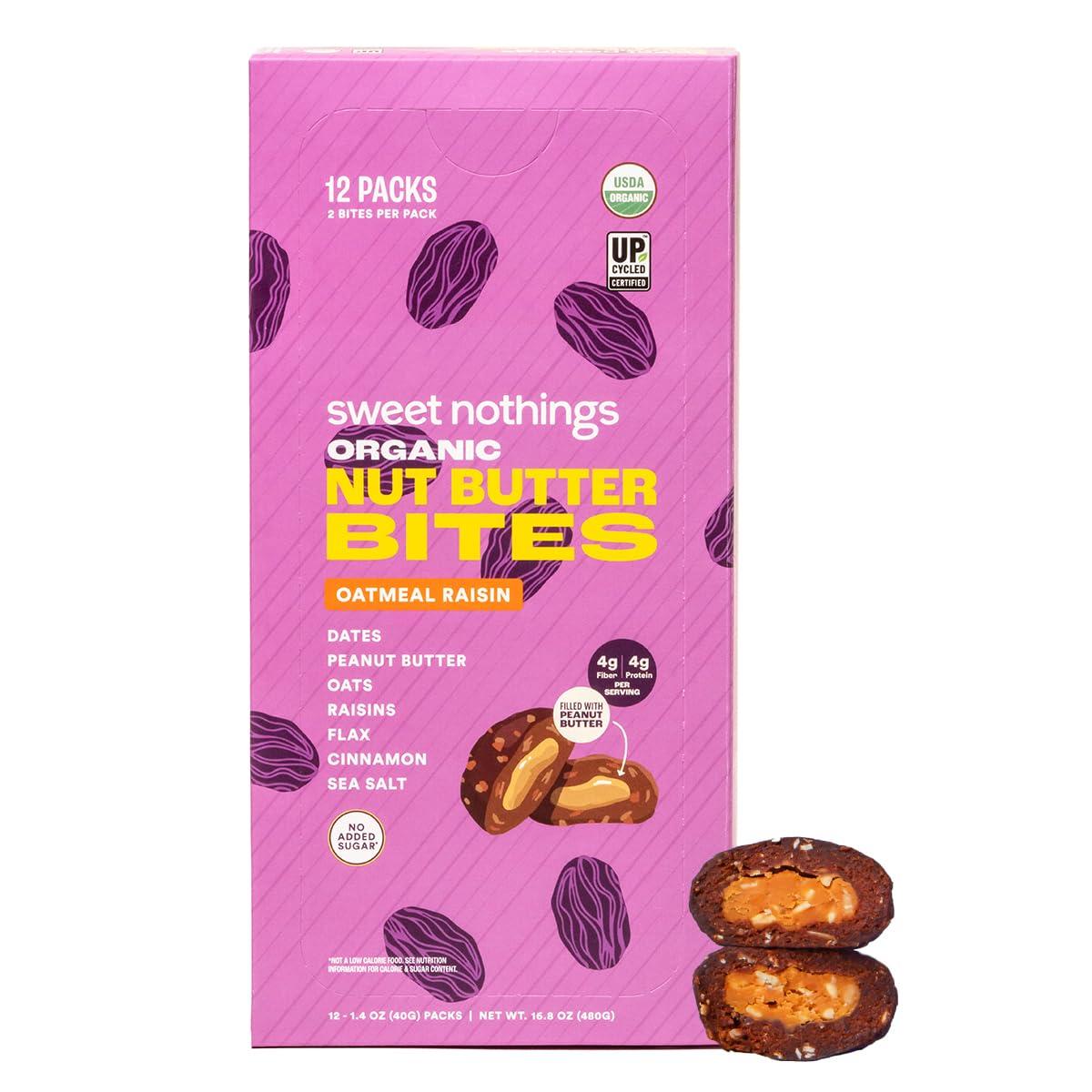 Sweet Nothings Sweet Nothings, Oatmeal Raisin, USDA Organic Nut Butter Bites Protein Bar, Nut & Date Snack, Filled with Peanut Butter, 12-2 Bite Value Packs - No Added Sugar, Plant Based, Vegan, Only 7 Ingredients