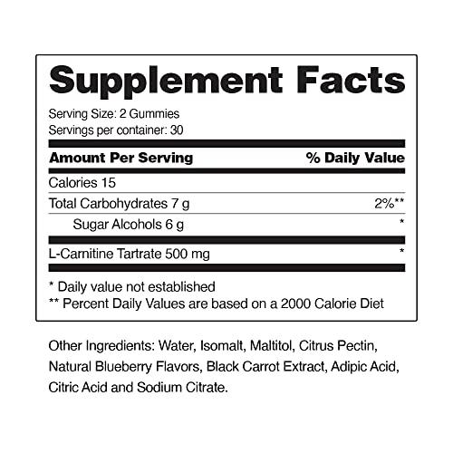 Snap Supplements Sugar Free L Carnitine 500mg Gummy - Natural Pre Workout L-Carnitine Supplement - Increased Energy, Faster Recovery, Boost Metabolism, Pre Workout for Women & Men, Blueberry Flavor (60 Gummies)