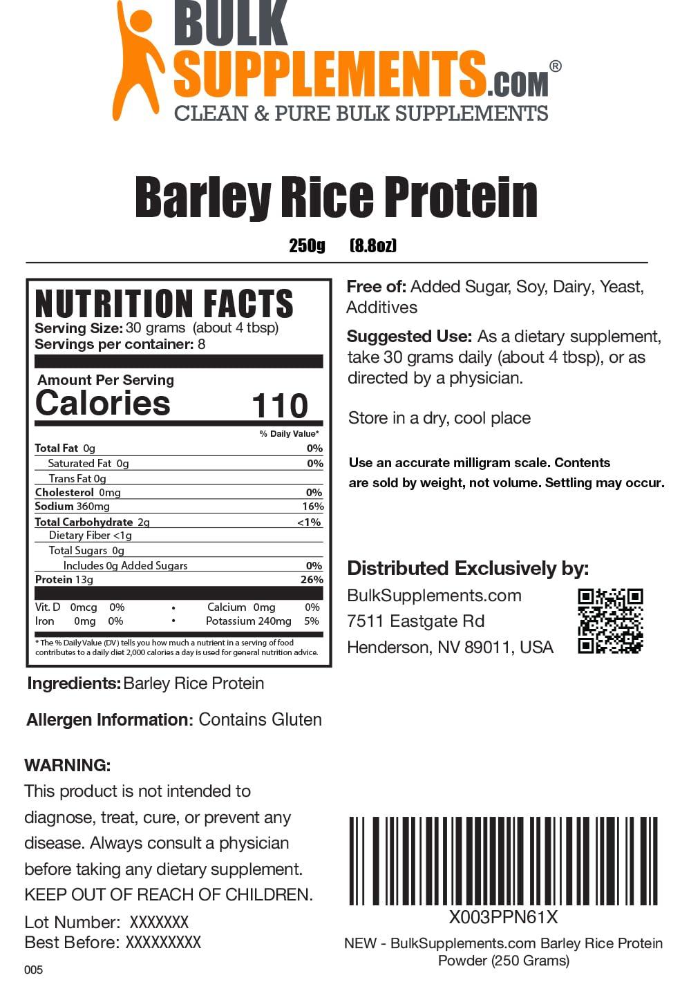 BULKSUPPLEMENTS.COM BulkSupplements.com Barley Rice Protein Powder - Vegan Protein Powder, Unflavored Protein Powder - Dairy Free Protein Source, 30g per Serving, 250g (8.8 oz) (Pack of 1)