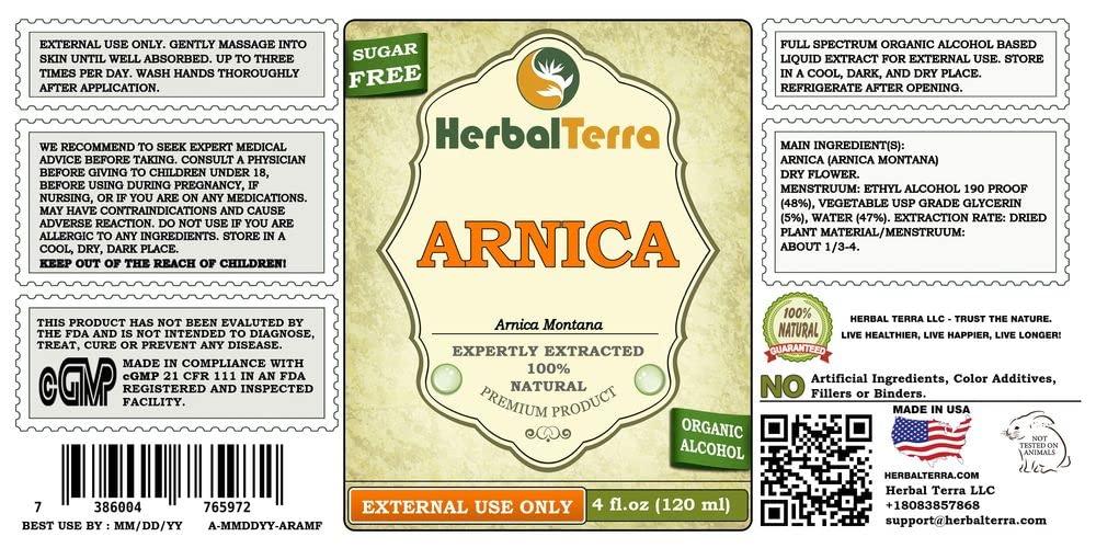 Herbal Terra LLC Arnica (Arnica Montana) Tincture, Organic Dried Flowers Liquid Extract (Brand Name: HerbalTerra, Proudly Made in USA) 4x4 fl.oz (4x120 ml)