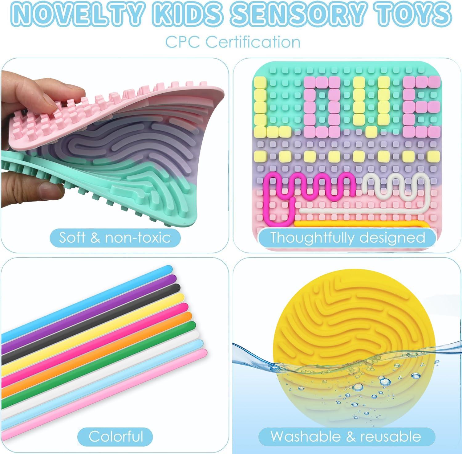 ZSFLZS 2 Pack Sensory Activity Board Silicone,Quiet Fidget Toys Calming Sensory Board,Sensory Toys for Kids with Autism,ADHD,Double-Side Silicone Fidget Toy for Stress Relief (Round Yellow + Square Colorful)