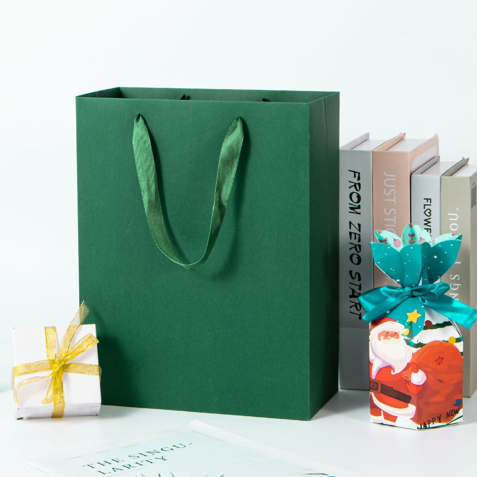 driew driew Large Dark Green Gift Bags, 12 Pack Extra Large Deep Green Gift Bag Ribbon Handles Heavy Duty Paper Gift Bags 10x5x13 inches Party Gift Bags for Shopping, Pakcing,Retail