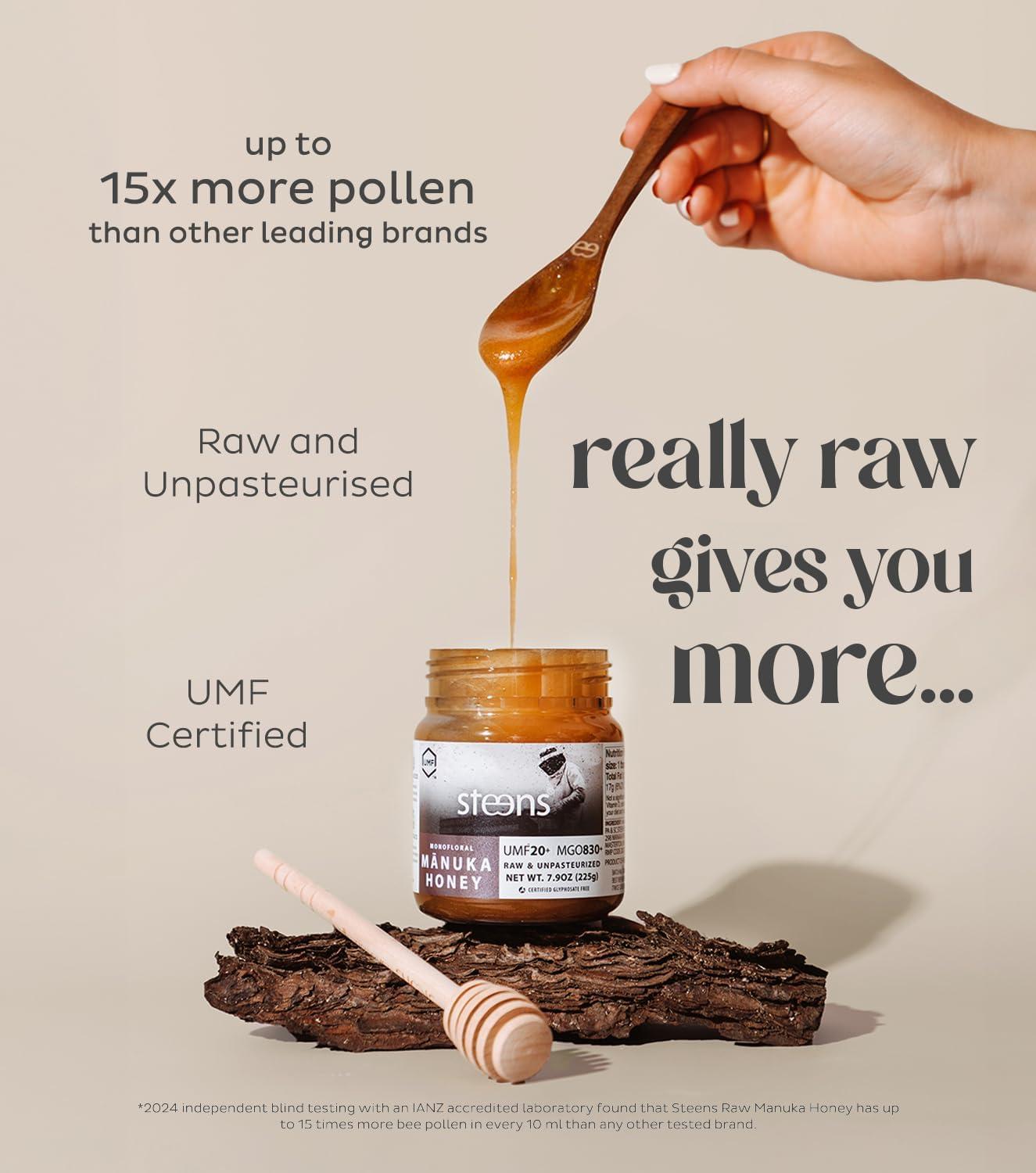 Steens Steens Manuka Honey - MGO 830+ - Pure & Raw 100% Certified UMF 20+ Manuka Honey - Bottled and Sealed in New Zealand - 4 x 7.9 oz