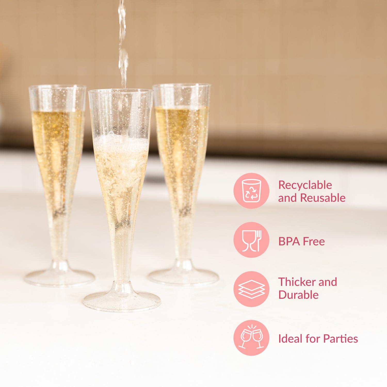 Prestee Prestee 24 Champagne Flutes Plastic | Disposable Champagne Flute | Silver Glitter Plastic Champagne Glasses for Parties | Mimosa Bar, Wedding, Shower Party, New Years Eve Party Supplies 2024 (Silver)