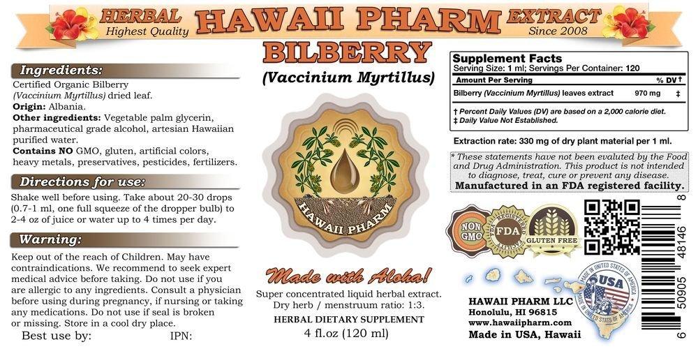 HawaiiPharm Bilberry Liquid Extract, Organic Bilberry (Vaccinium myrtillus) Dried Leaf Tincture Supplement 2x4 oz