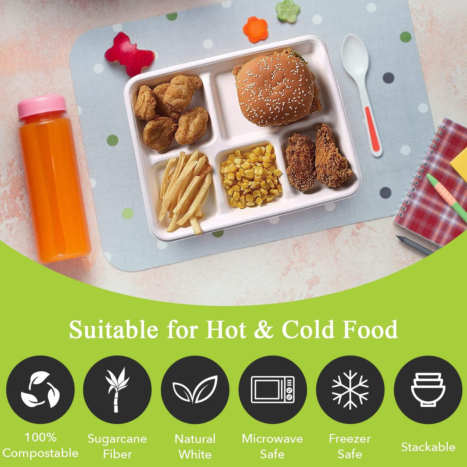 Three Leaf Three Leaf 5 COMPARTMENT BAGASSE (SCHOOL) TRAY 150 Ct. Heavy-Duty- Super Strong- Natural- Eco-Friendly Disposable Bagasse Plates, 100% Biodegradable 5 Compartment meal Plates