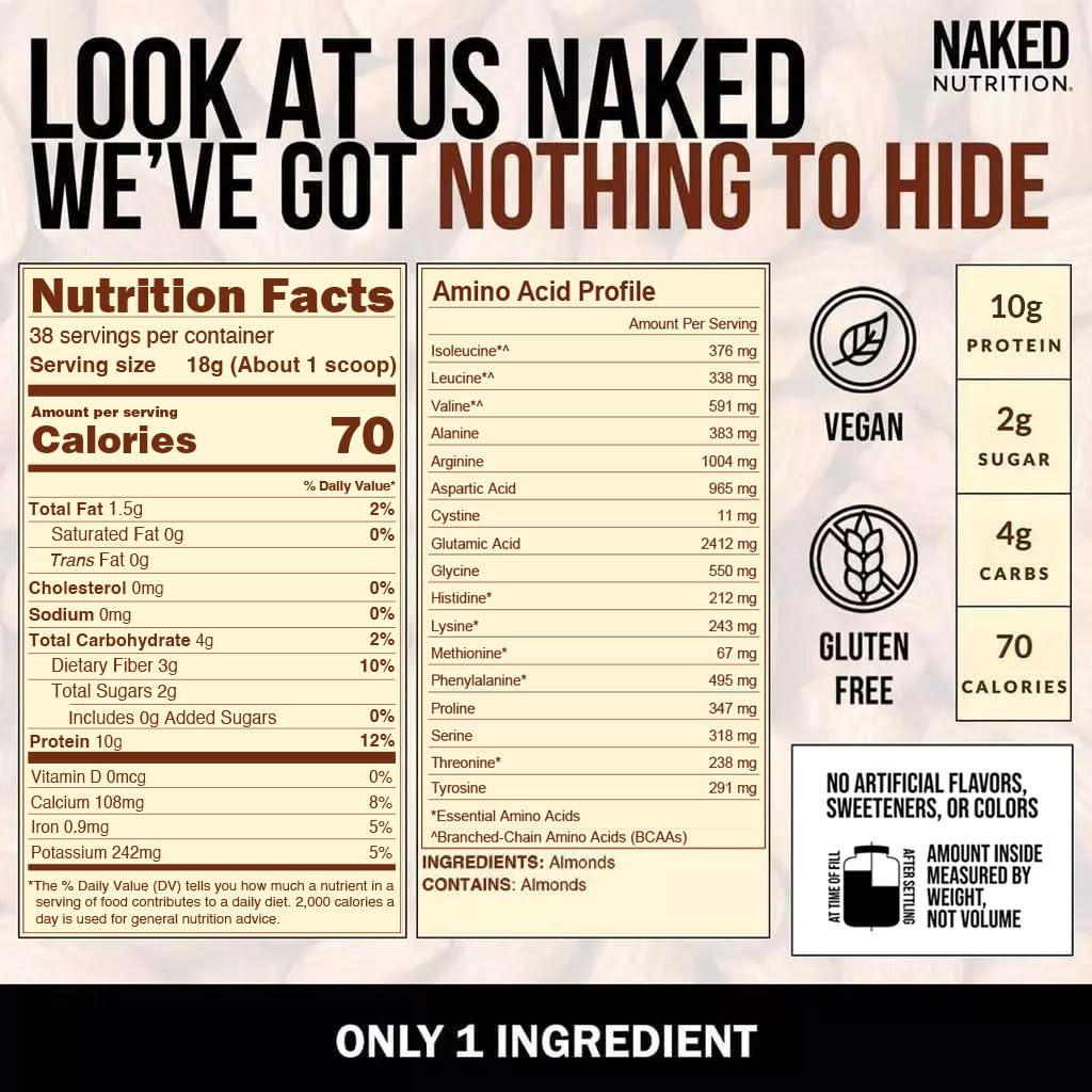 NAKED NAKED Almond Protein Powder from US Farms, Only 1 Ingredient, Vegan, Gluten-Free, No Additives, No Salt, No Sugar - 38 Servings - 1.5LB