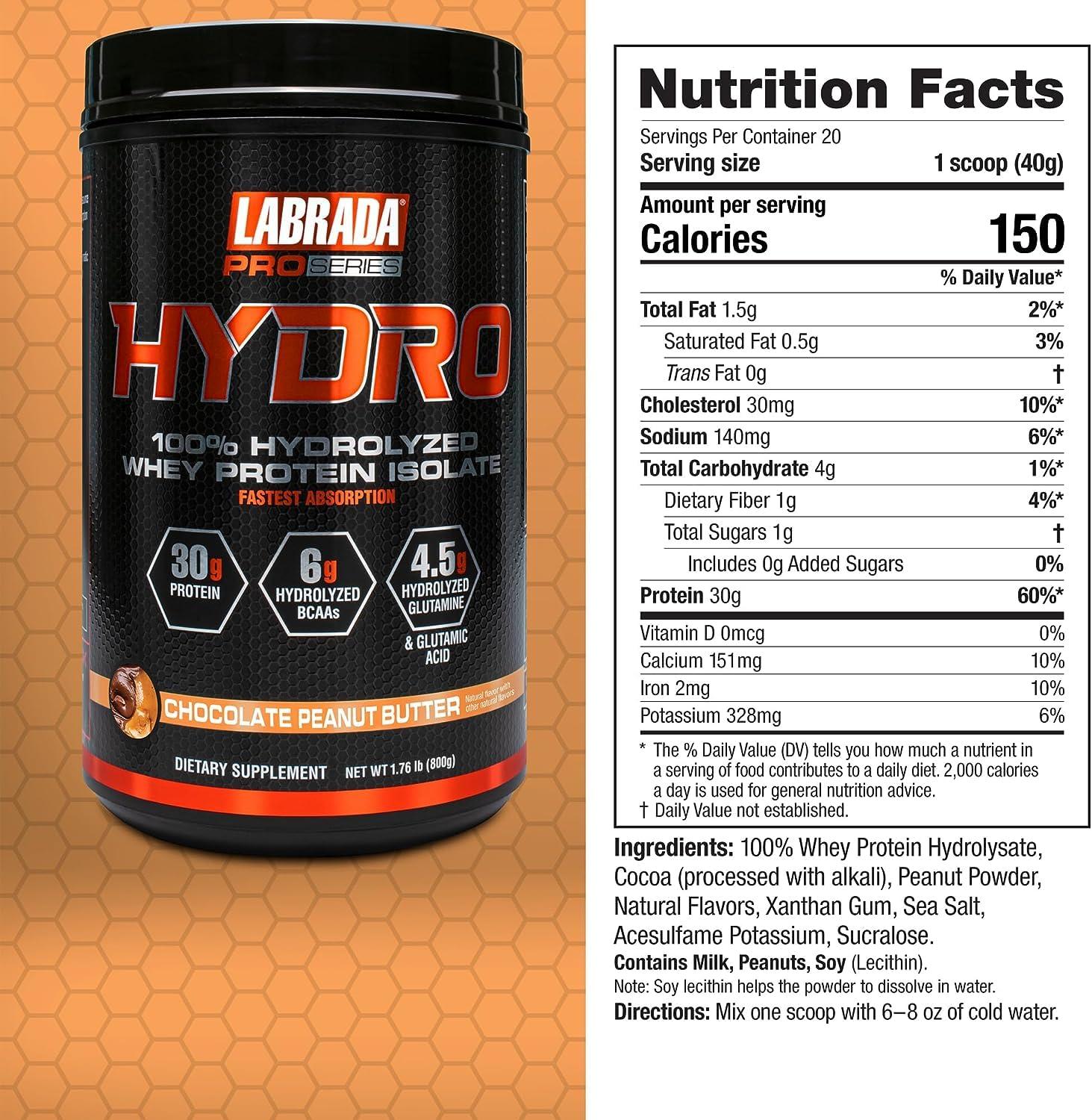 Labrada LABRADA HYDRO 100% Pure Hydrolyzed Whey Protein Isolate Powder, Lactose free, 6g BCAAs, 4.5g Glutamine, Fastest Digesting Whey Available, Instant Mixing, Delicious Taste 20 Servings Choc PeanutButter