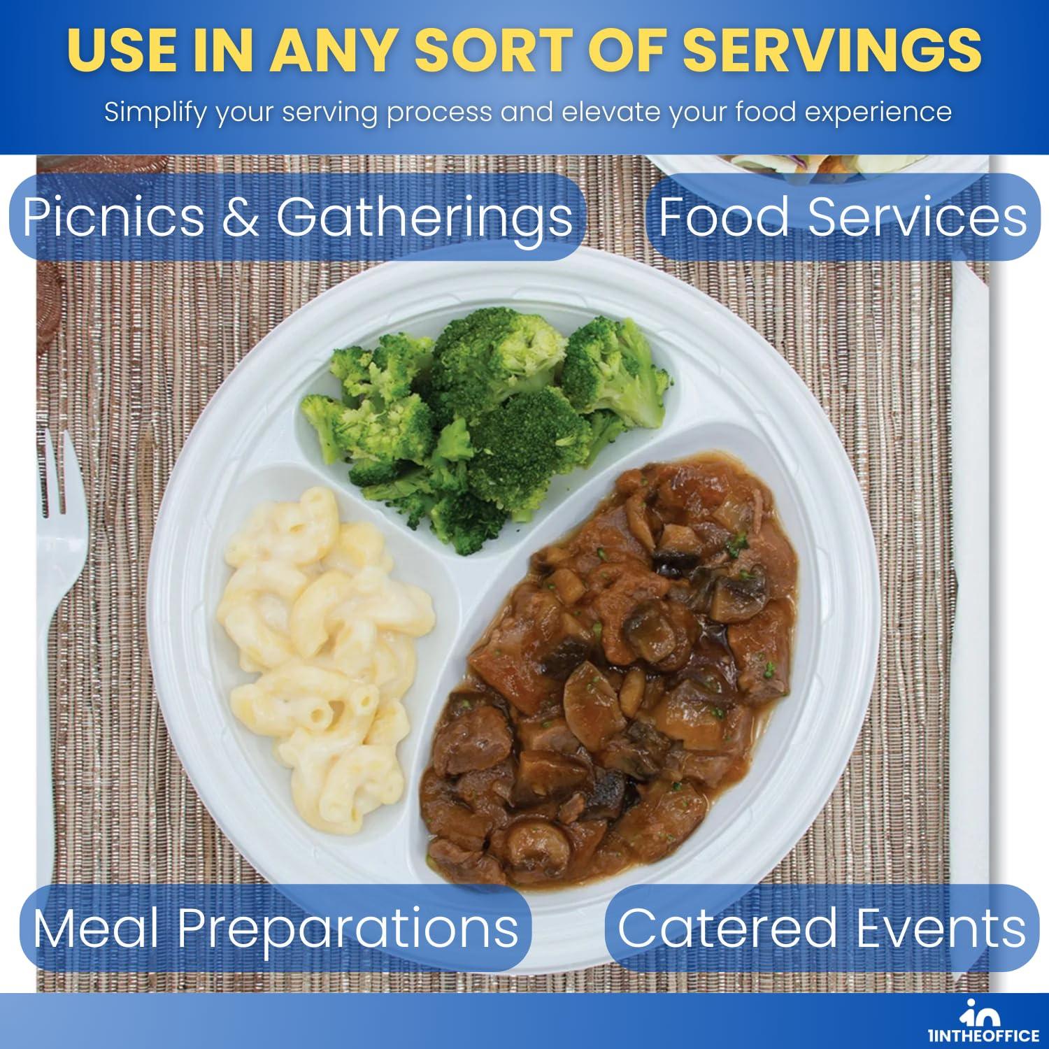 1InTheHome 1InTheHome 3 Compartment plates 9 inch Plastic Sectional Plates, Disposable Plates with Compartment, Round White Sectional Plates 9-inch diameter 125 pcs