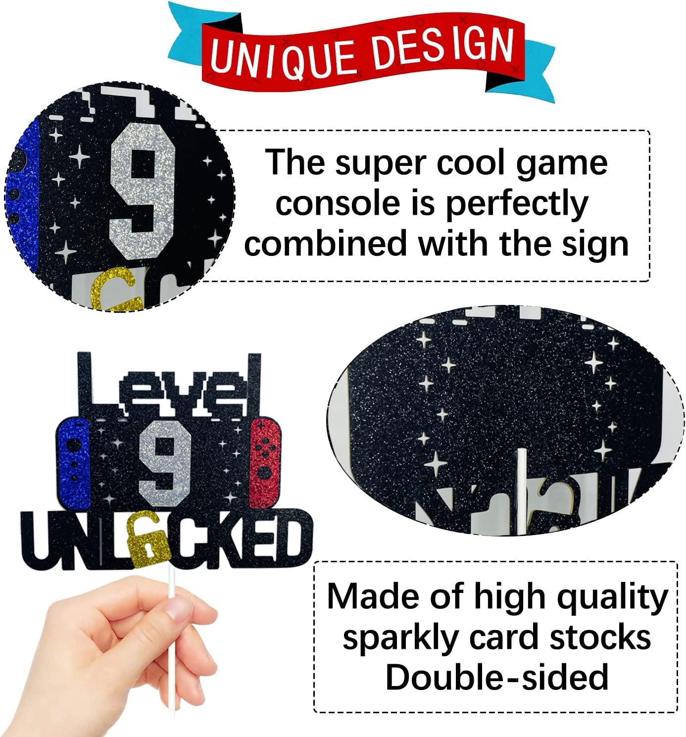 YzYbuaego Happy 9th Birthday Video Game Cake Topper Level 9 Unlocked Cake Topper for Kids Boys Girls 9-Years-Old Birthday Party Decoration