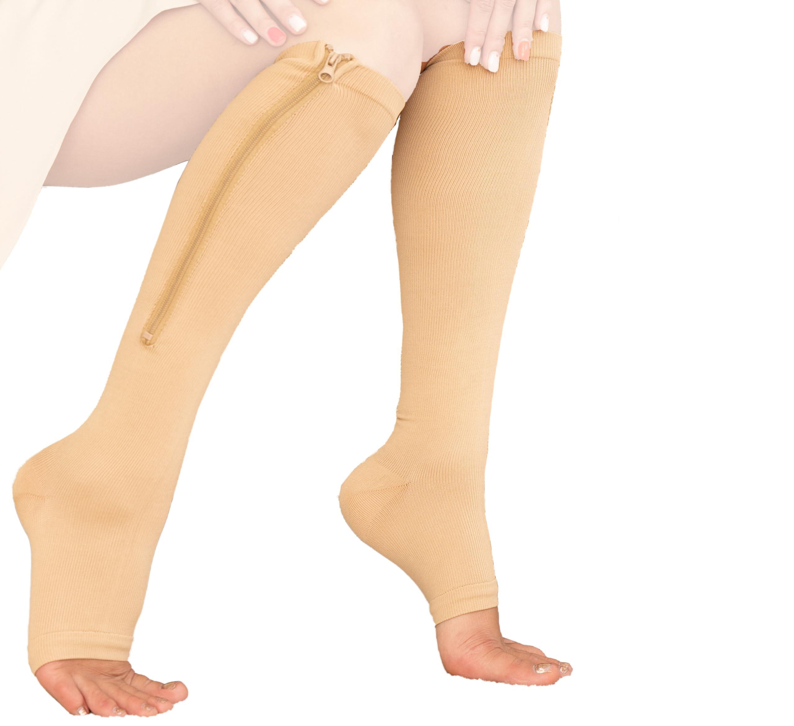 5StarDeals Zipper Compression Socks Supports Stockings Leg Open Toe 23-32mmHg Zipper (XL, Nude)