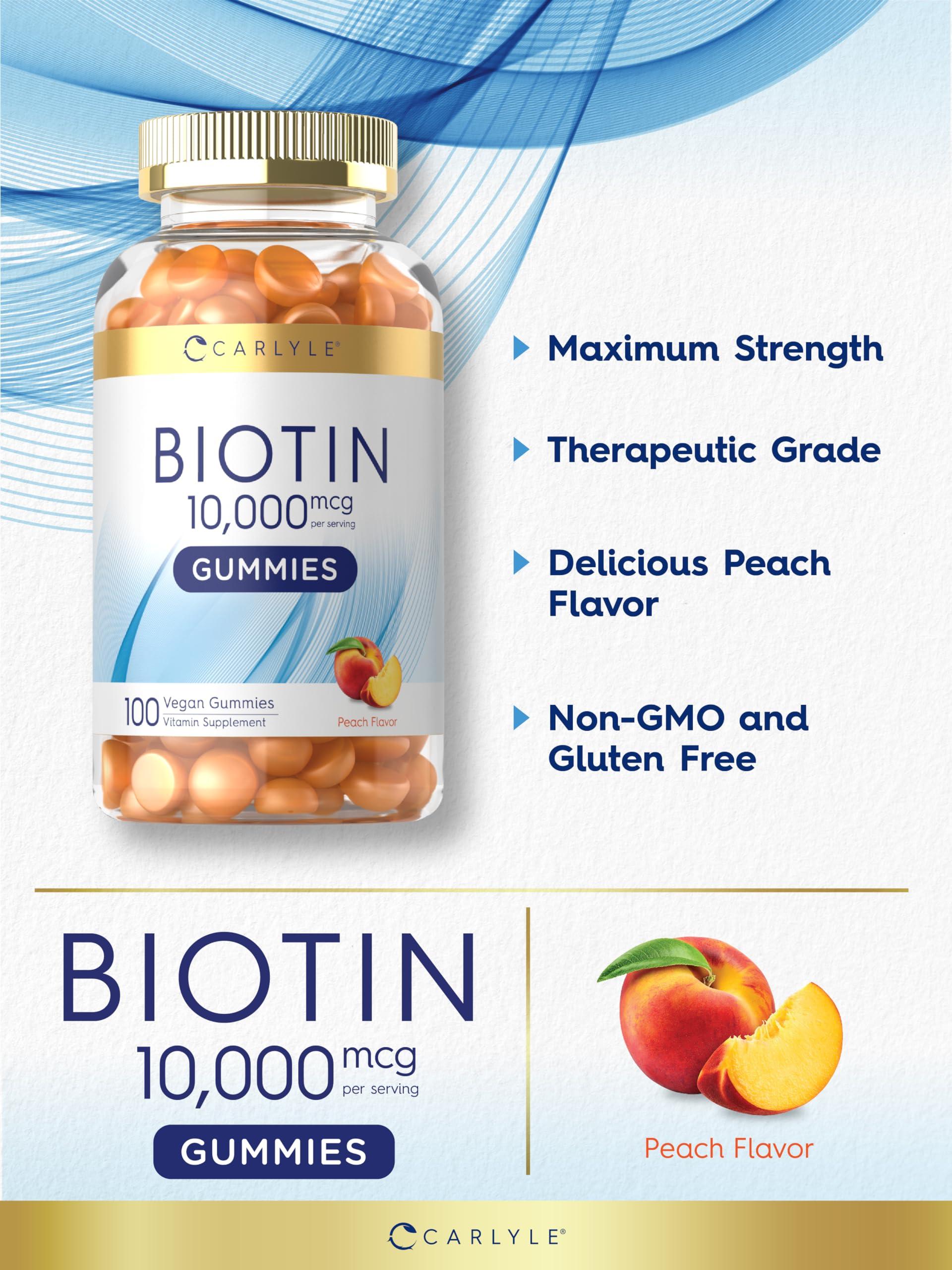 Carlyle Carlyle Biotin 10000mcg Gummies | 100 Count | Peach Flavor Supplement | Vegan, Non-GMO, Gluten Free