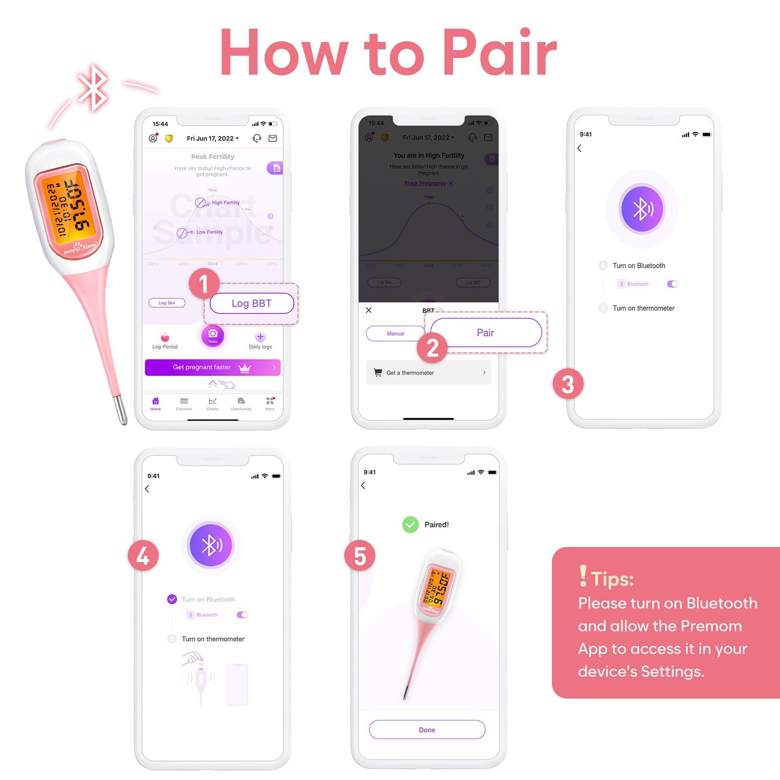 Easy@Home Easy@Home Smart Basal Thermometer, Large Screen and Backlit, FSA Eligible, Period Tracker with Premom(iOS & Android) - Auto BBT Sync, Charting, Coverline & Accurate Fertility Prediction EBT-300