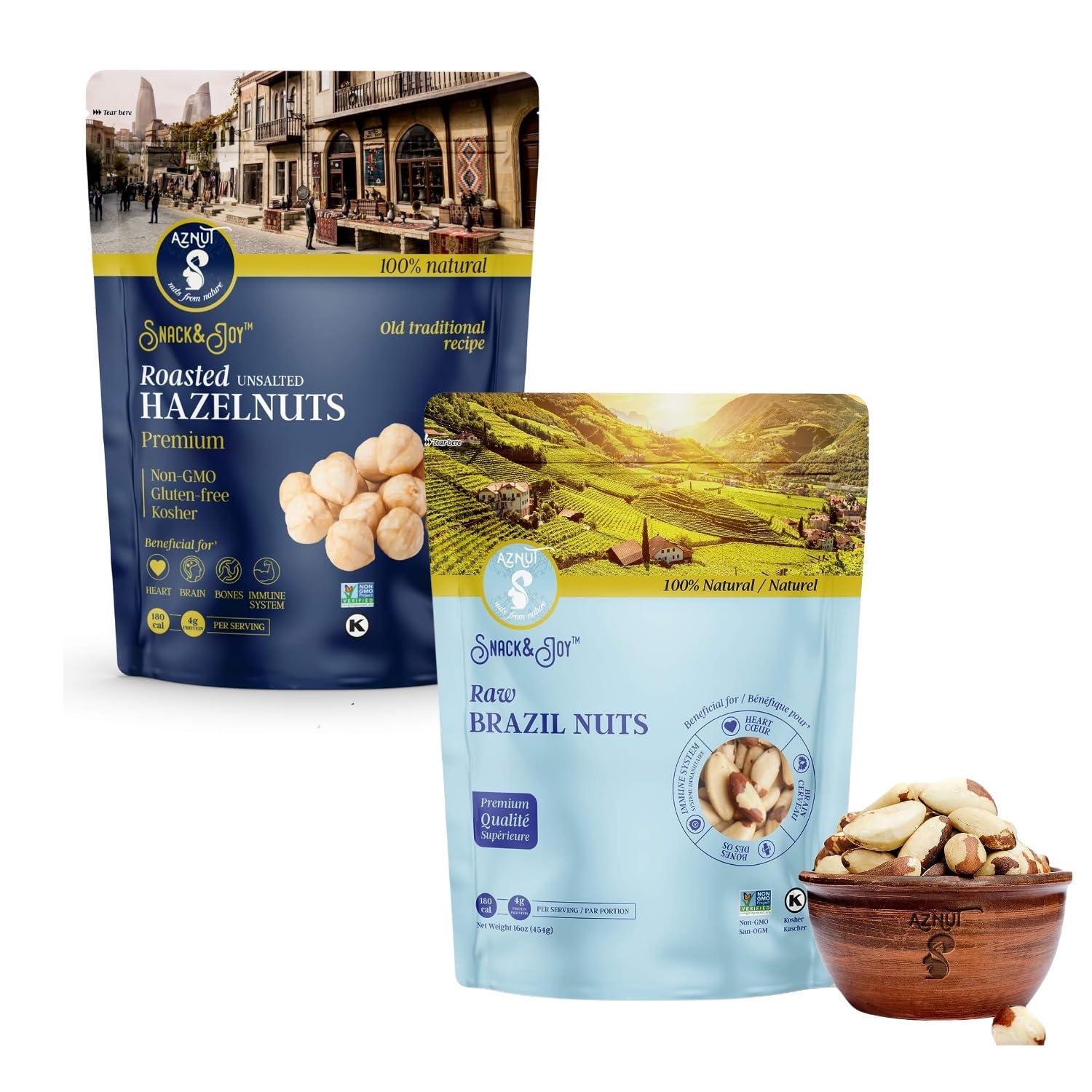 AZNUT AZNUT Roasted Unsalted Hazelnuts 2 LB & Raw Brazil Nuts 2 LB