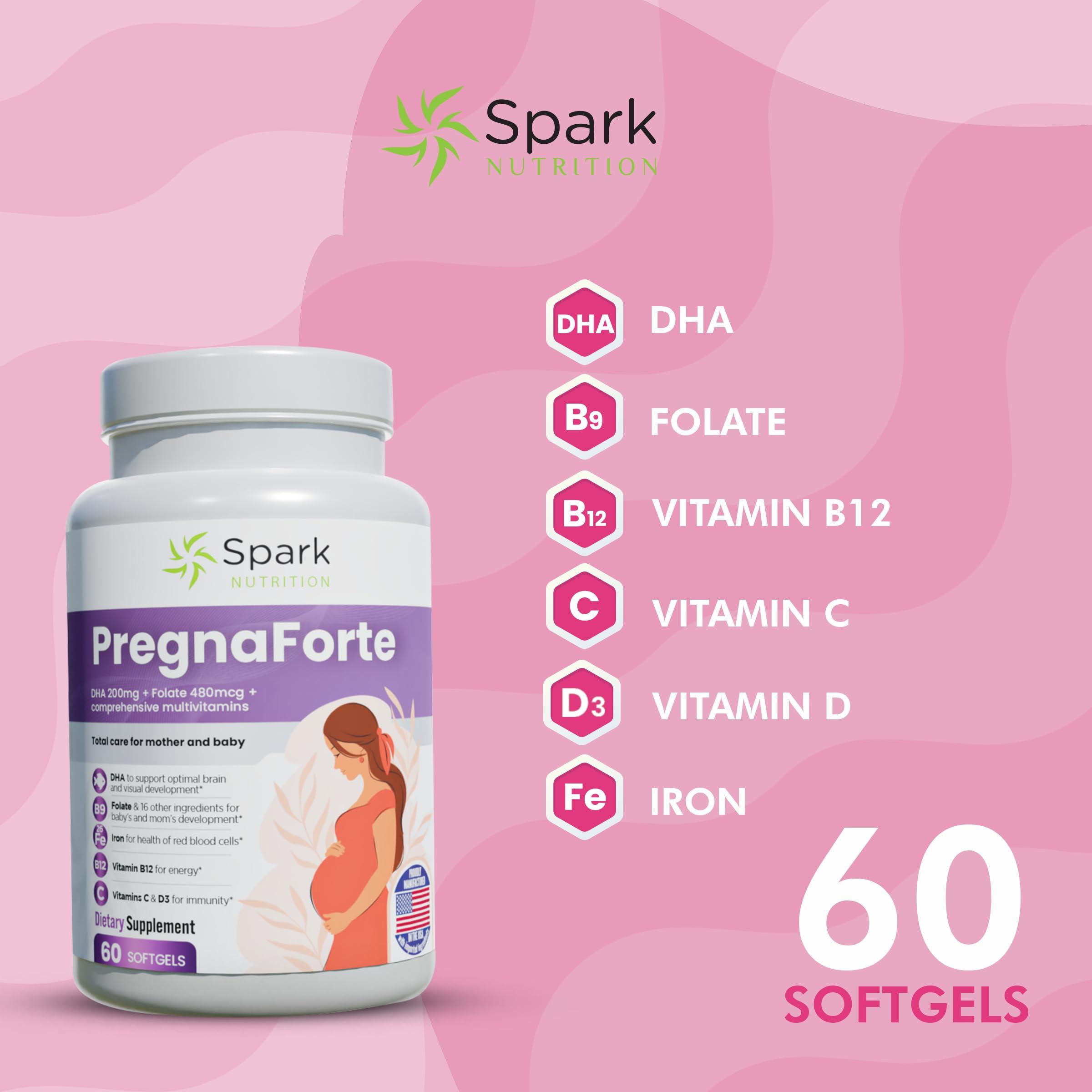 Spark Nutrition Pregnaforte 1 a day Prenatal vitamins for women 2 month: Folic acid, Fish Oil Omega 3 DHA/EPA, Vitamin D3, B6, Vitmain B12, C, E, Calcium, Iron, Magnesium, Zinc supplement FSA HSA eligble multivitamin