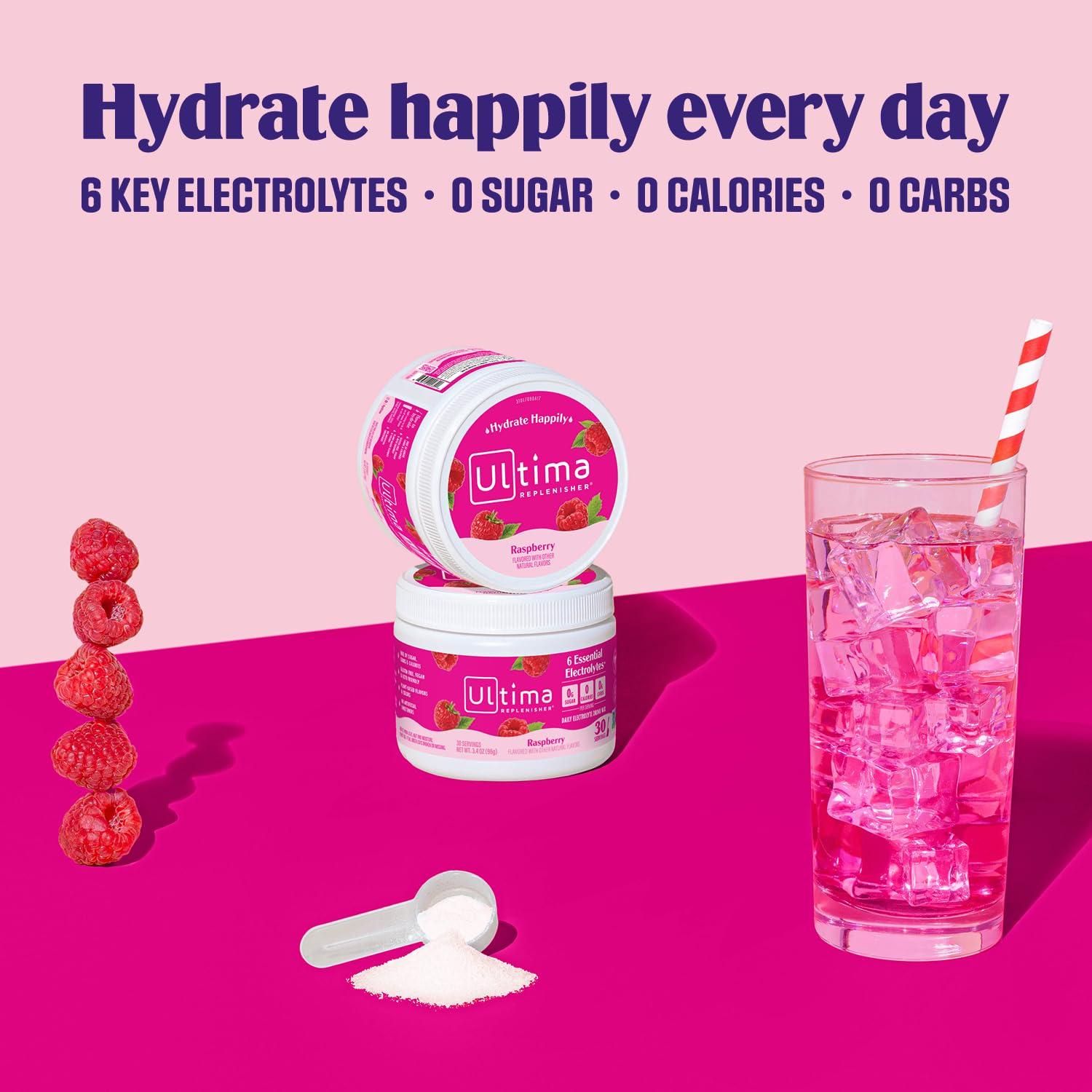 Ultima Replenisher Ultima Replenisher Electrolyte Powder Drink Mix Bundle  Rasberry, 30 Serving Canister and 20 Stickpacks  6 Electrolytes and Minerals  Keto Friendly, Vegan, Non-GMO and Sugar-Free