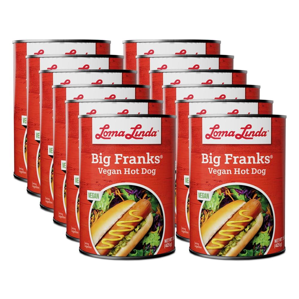 Loma Linda Vegan Hot Dogs Plant Based Meat Alternative - Loma Linda Big Franks Variety Pack, 15oz Cans (12 Pack) - High Protein Meatless Franks for Grilling & Cooking - Vegetarian, Non-GMO, Soy Protein