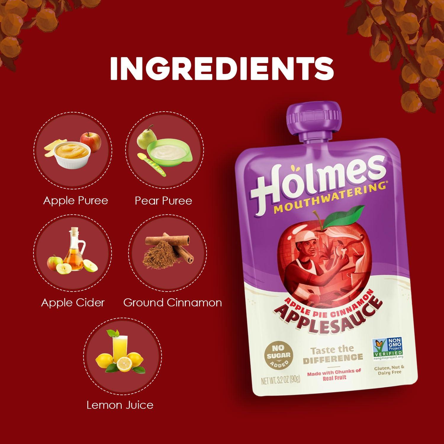 Holmes Mouthwatering Applesauce Squeeze Pouch, Organic Cinnamon Applesauce Pouches with Real Chunks of Fruit, No Artificial Flavors Fruit Snack (Apple Pie Cinnamon, 12 Pack of 3.2 oz)