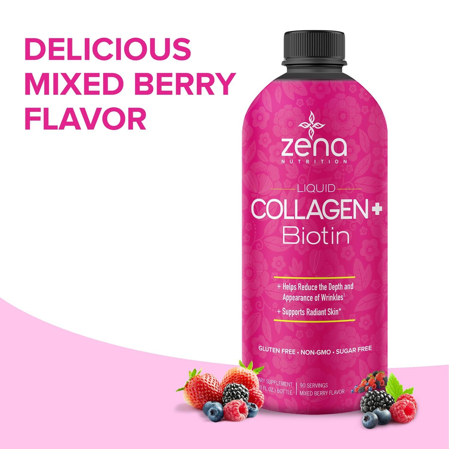 Zena Fit Nutrition Zena Liquid Collagen + Biotin: 2500mg Collagen, 5000mcg Biotin, Verisol Formula | Hair, Skin, Nail & Joint Support | Non-GMO, Mixed Berry Flavor | 90 Servings