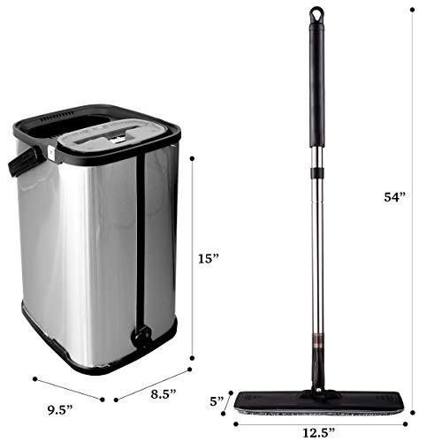 Rhodium Floors Black Flat Floor Mop and Bucket Set, Stainless Steel Bucket and Telescopic Handle, 2 Washable Mop Pads, Professional Home and Office Cleaner for All Types of Floors, Hardwood, Laminate, Tile