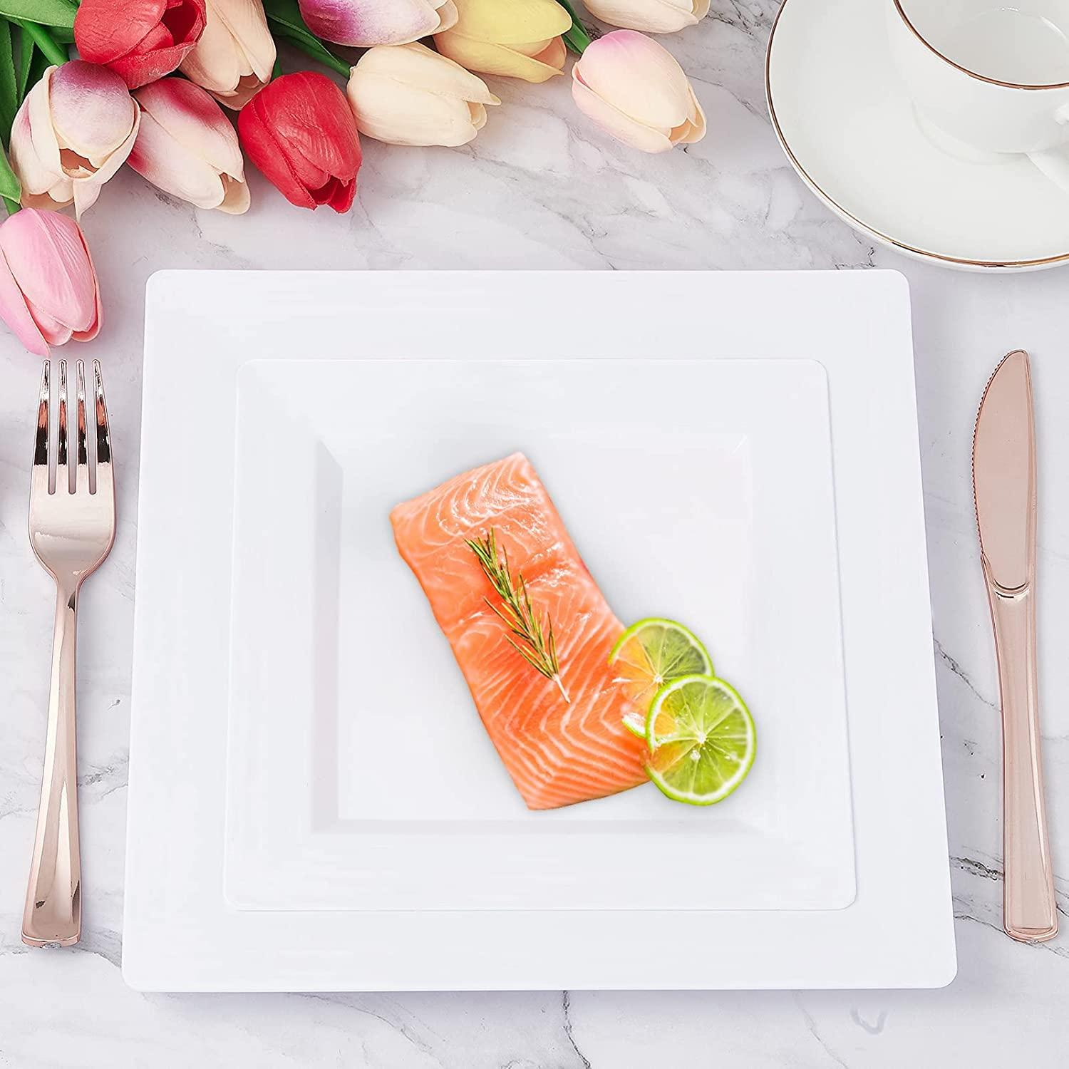 ricpok ricpok Disposable Square Plastic Plates - 100 Pack - 50 x 9.5 Dinner and 50 x 6.5 Salad Combo Plate - Premium Heavy Duty - Fancy and perfect for a Party, Wedding, or Birthday