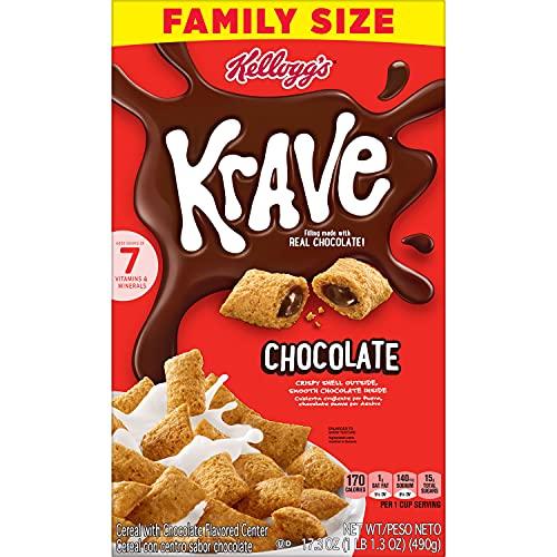 KRAVE Kellogg's Krave, Breakfast Cereal, Chocolate, Filling Made with Real Chocolate, Family Size, 17.3oz Box
