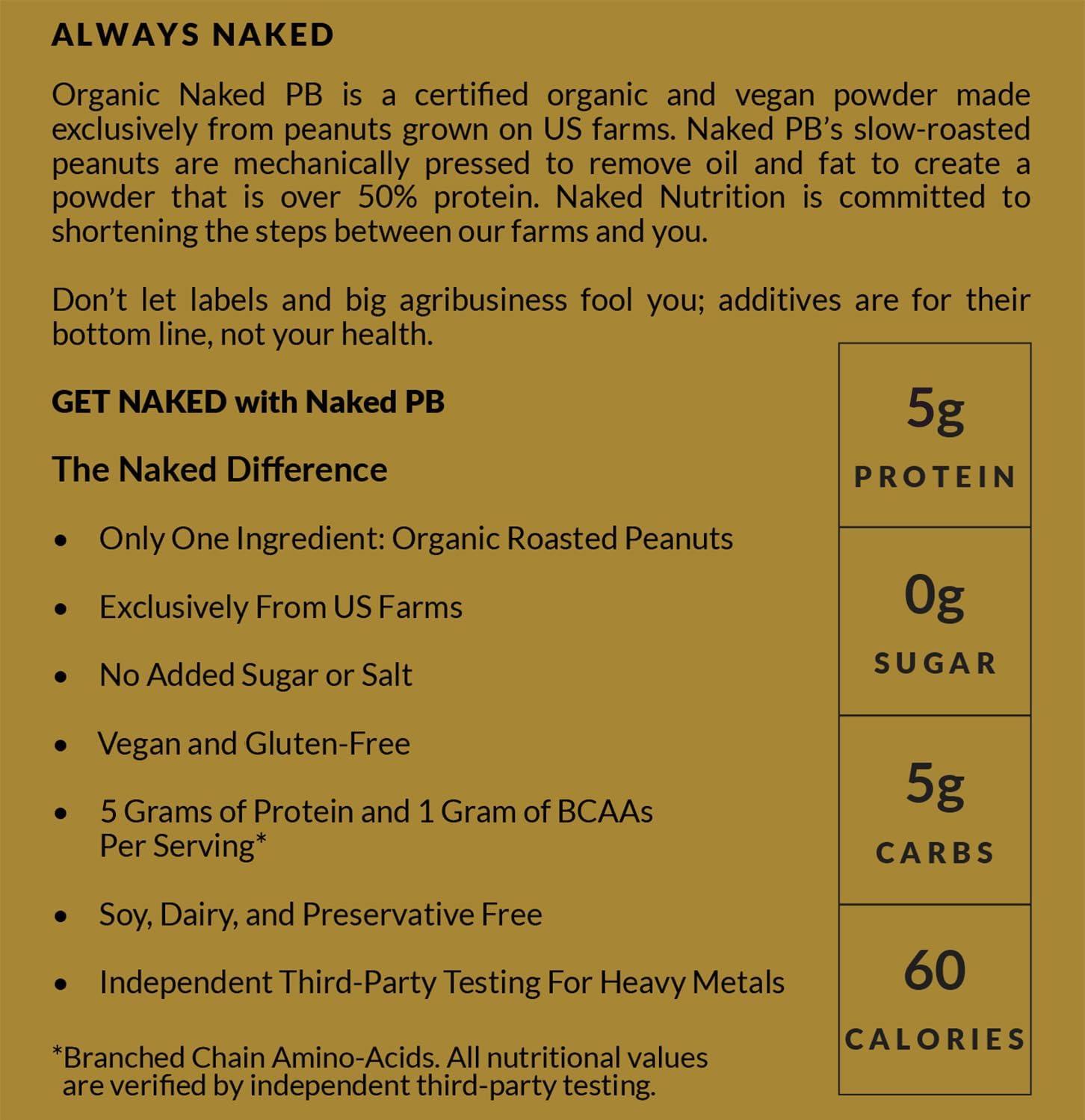 Naked Nutrition Organic Powdered Peanut Butter from US Farms Bulk, Only 1 Ingredient - Roasted Peanuts, Vegan, No Additives, Preservative Free, No Salt, No Sugar - 45 Servings - NAKED PB