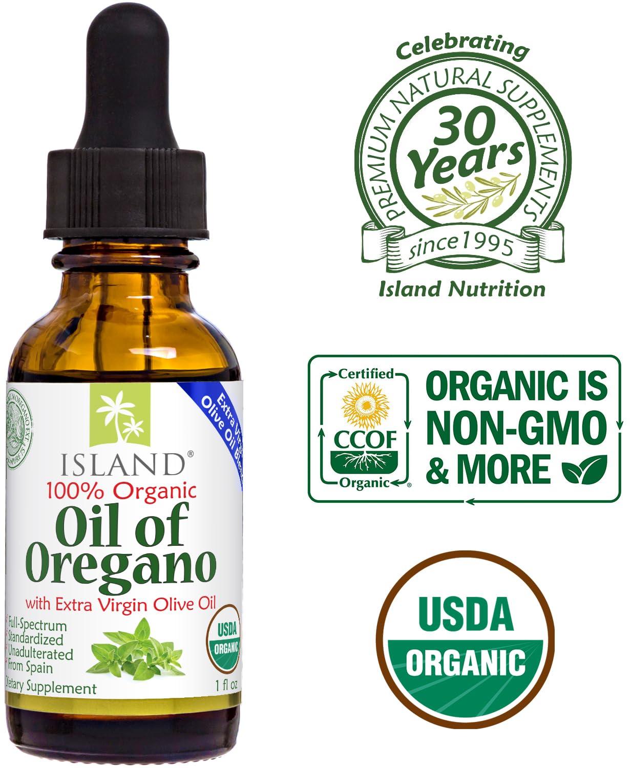 Island Nutrition Island Nutrition, Oil of Oregano Organic Liquid Drops (1 fl oz) - Blend of Organic Oregano Oil & Olive Oil, Grown in Spain