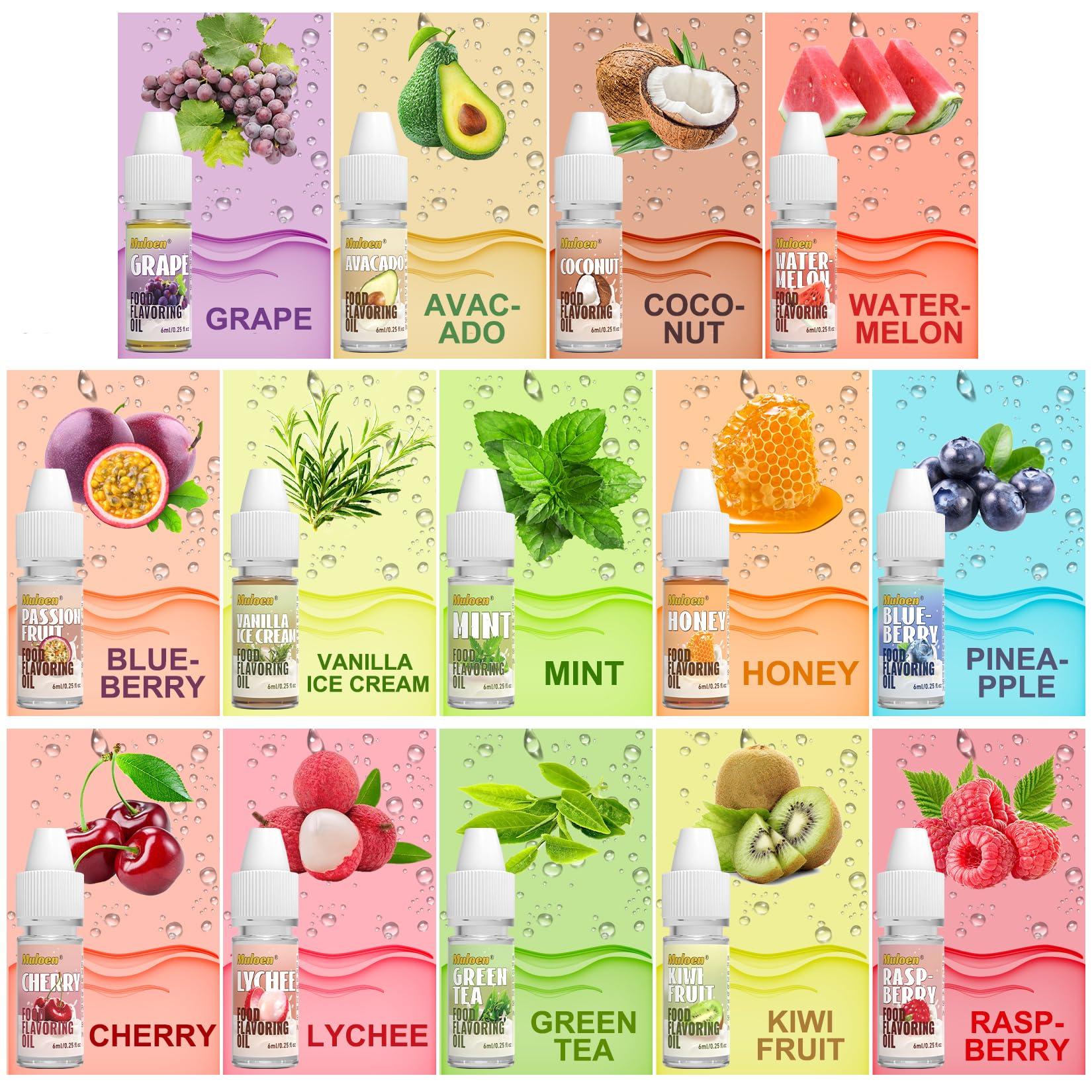 Muloen Food Flavoring Oil, 28 Flavors 100% Pure Natural Extract Liquid Oil - Water & Oil Soluble - Concentrated Candy Flavoring for Lip Balm, Baking, Drinks, Cooking, Soap - .25 Fl Oz (6 ml) Bottles