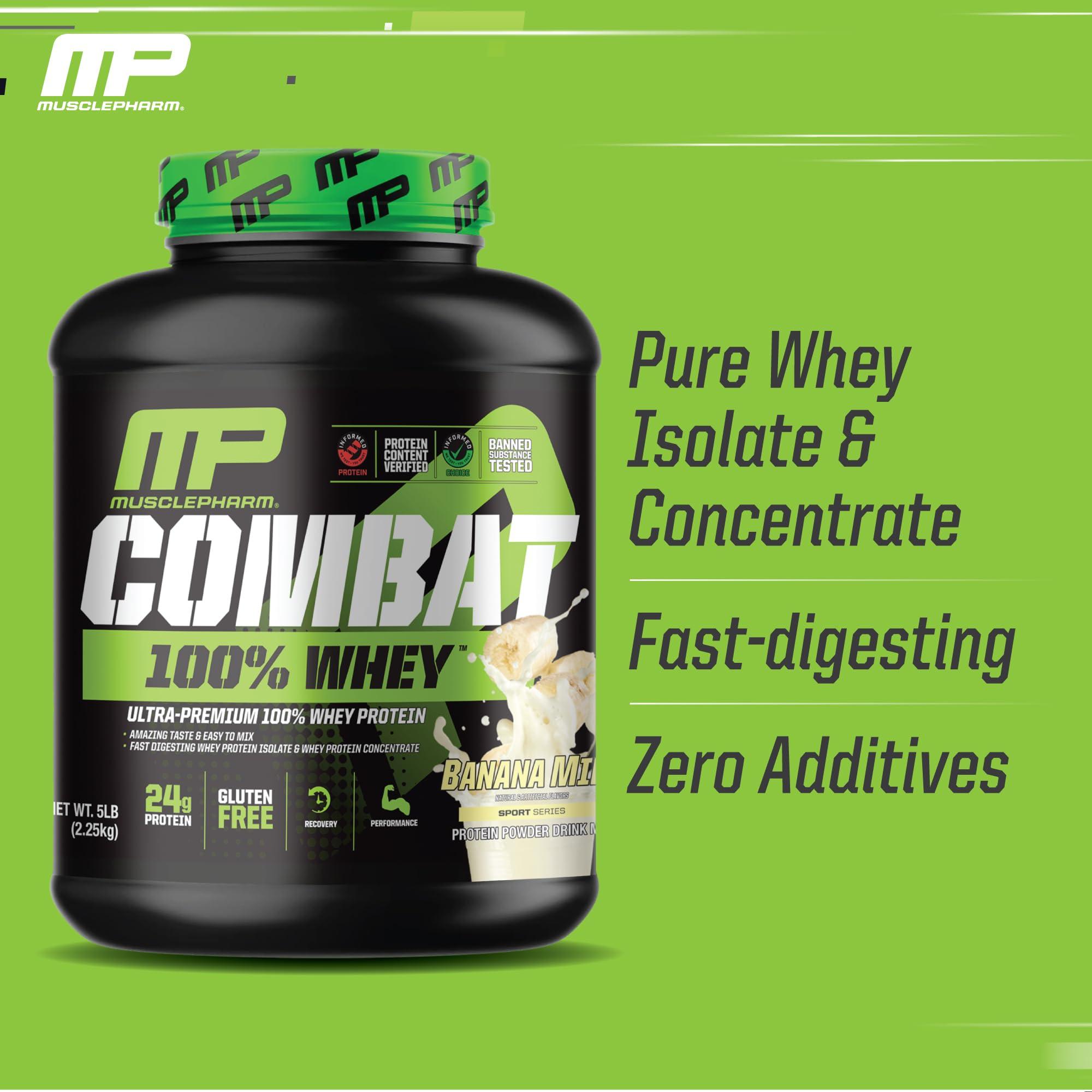 Muscle Pharm MusclePharm Combat 100% Whey Protein Powder, Banana Flavor, Fast Recovery & Muscle Gain with Whey Protein Isolate, High Protein Powder for Women & Men, Gluten Free, 5 lb, 70 Servings