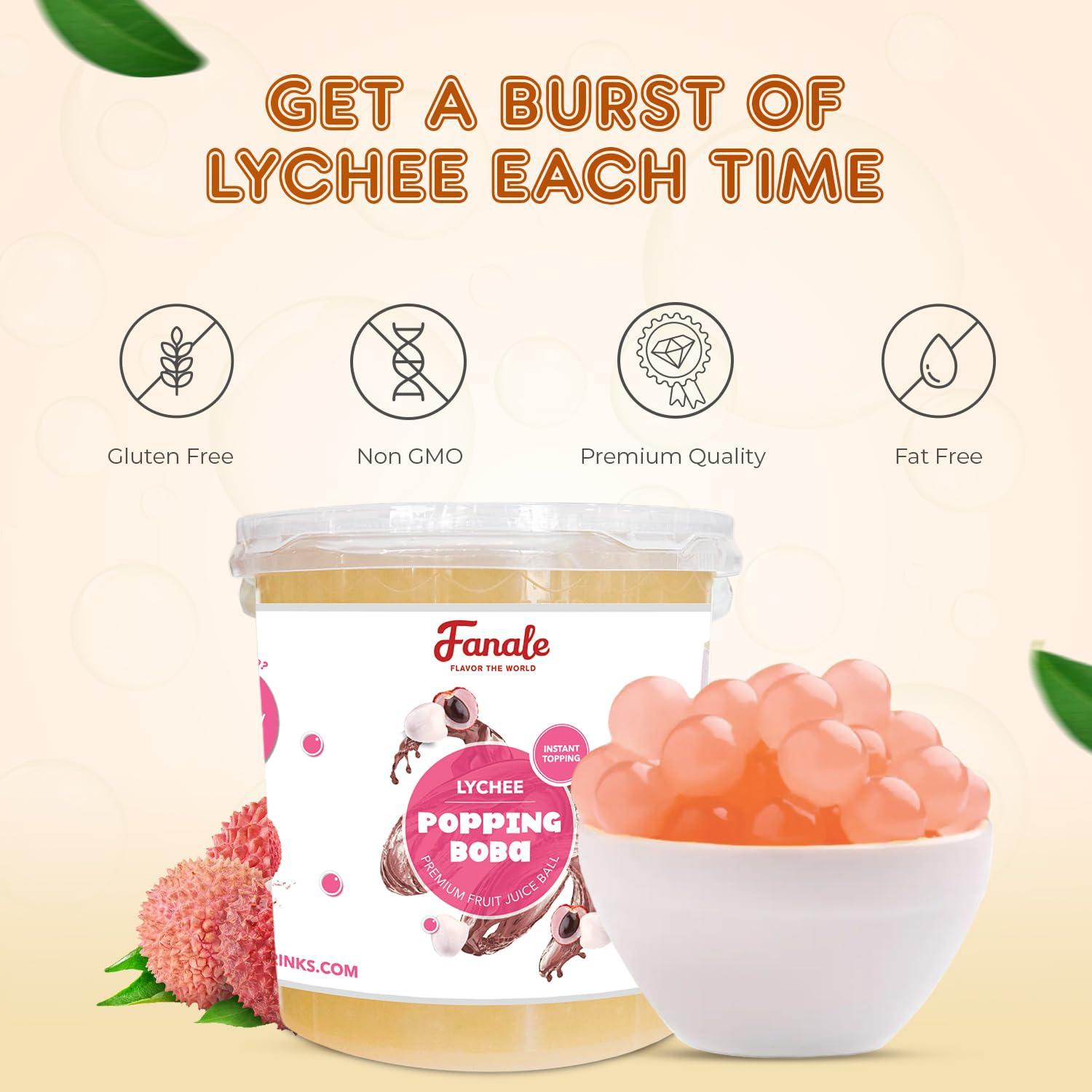 Fanale Fanale Lychee Popping Boba Pearls, Vegan, Non GMO, Gluten Free, Fat Free, Perfect for Bubble Tea, Smoothies, Ice Cream, Desserts, and Beverages.