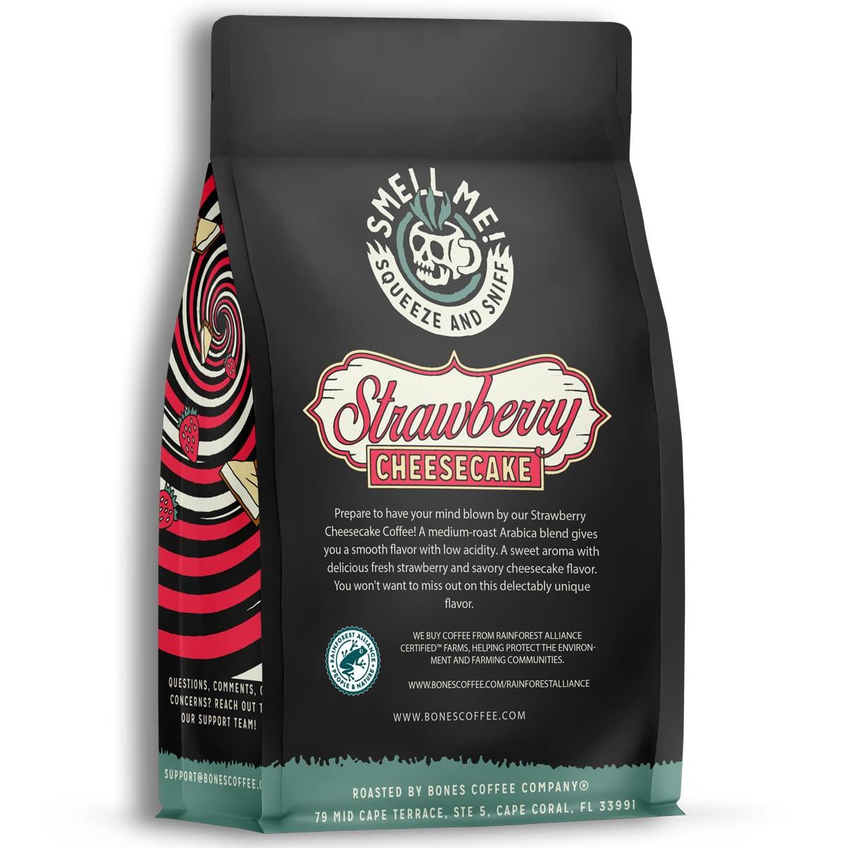 Bones Coffee Company Bones Coffee Company Strawberry Cheesecake Flavored Coffee Beans, Ground Bean Coffee Medium Roast Low Acid, Strawberry Cheesecake Flavor (12 oz)